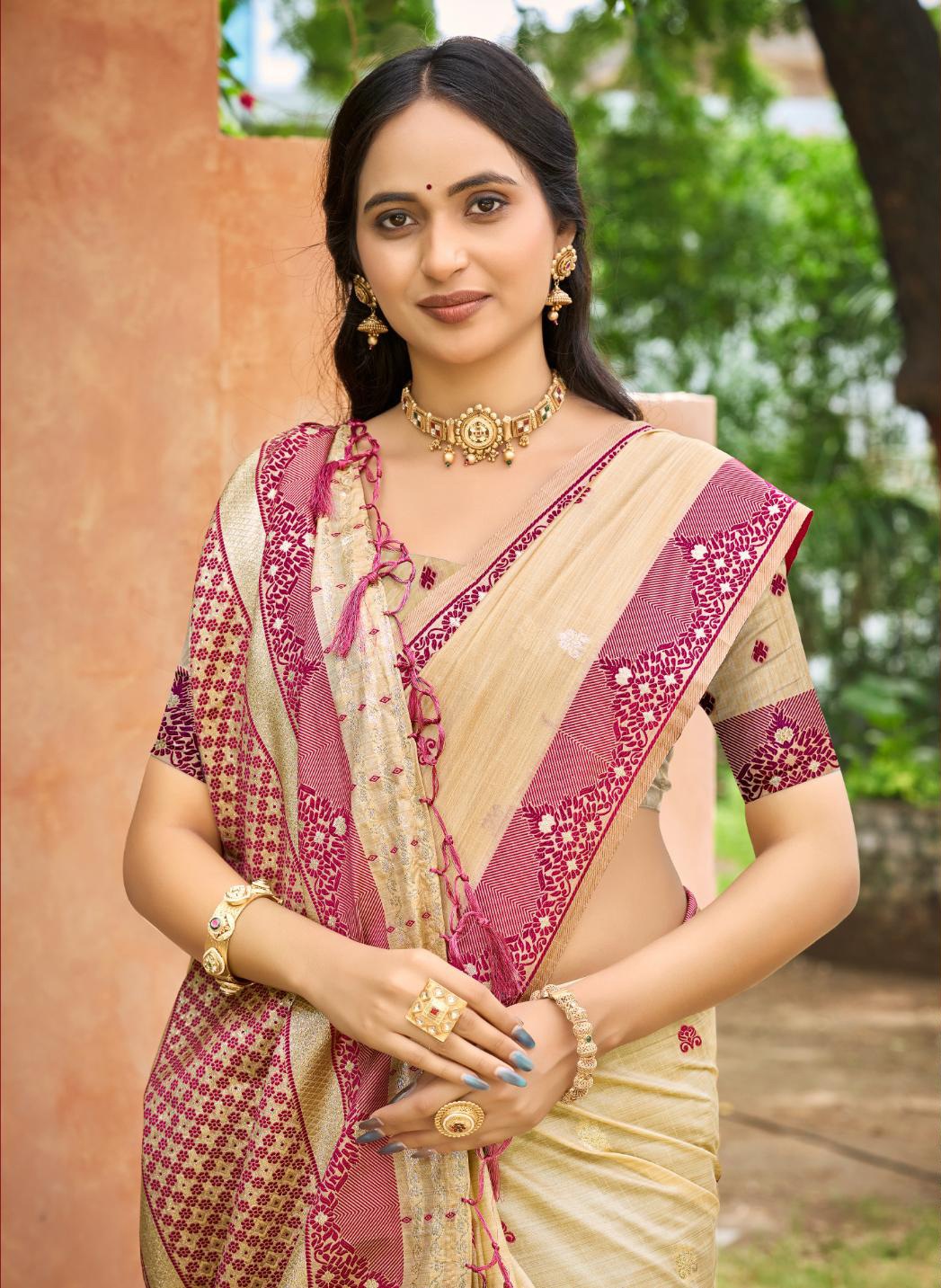 Beige Wine Woven Assam Silk Saree