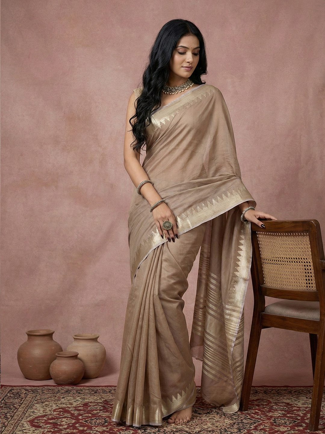 Beige Woven Designer Cotton Saree