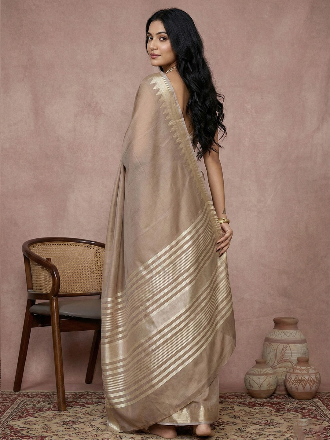 Beige Woven Designer Cotton Saree — alternate view