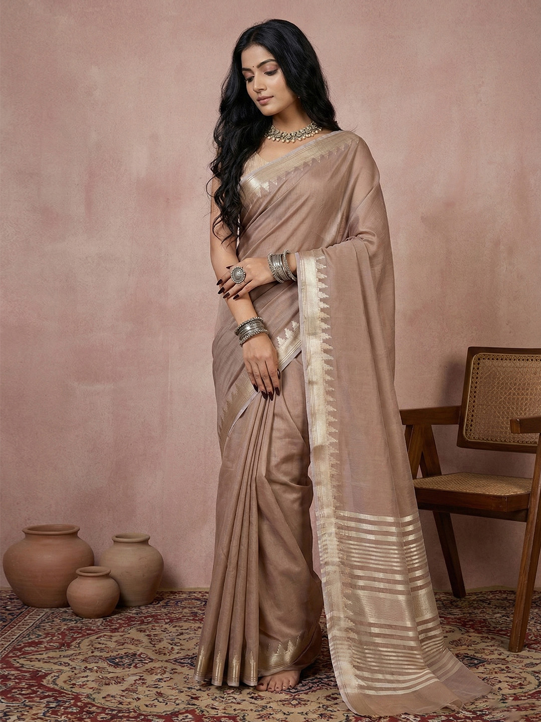 Beige Woven Designer Cotton Saree