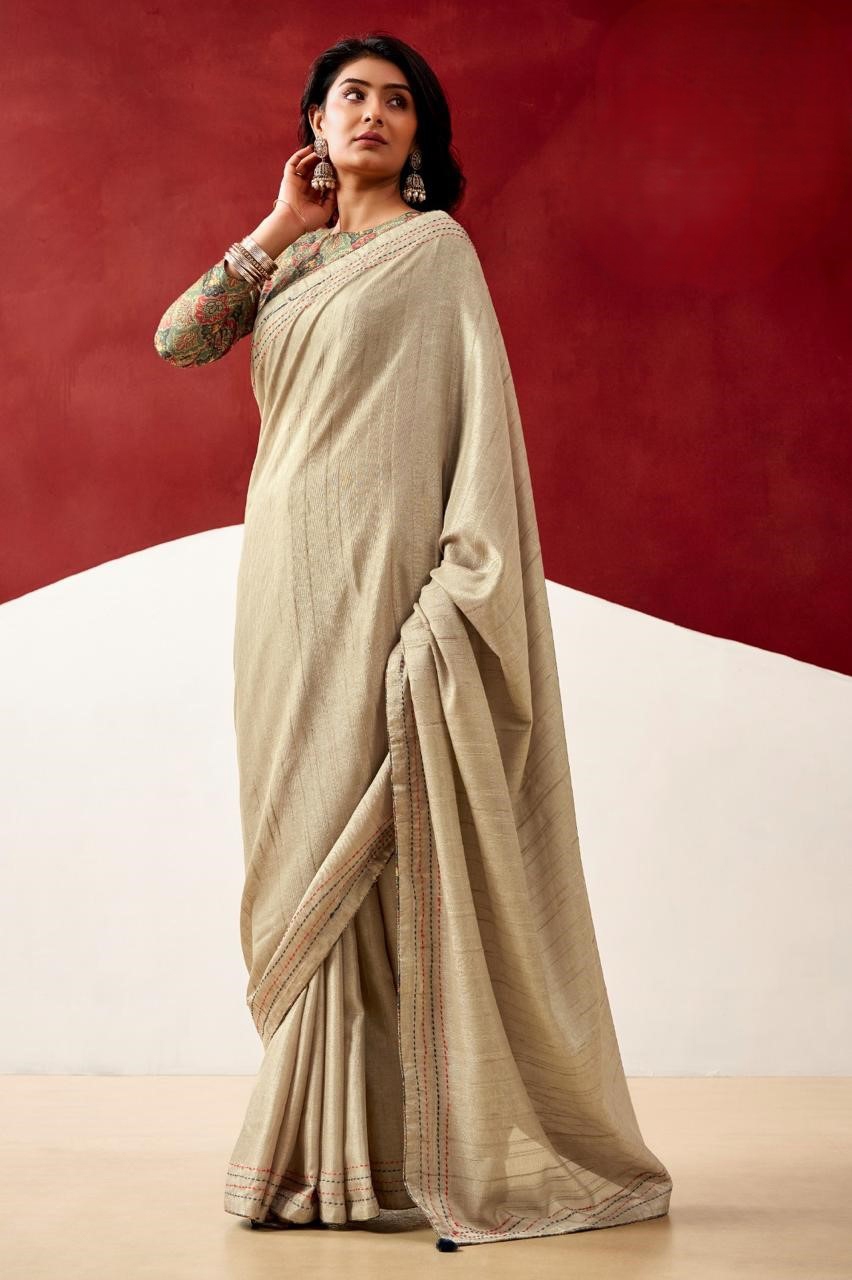 Beige Woven Designer Tissue Saree