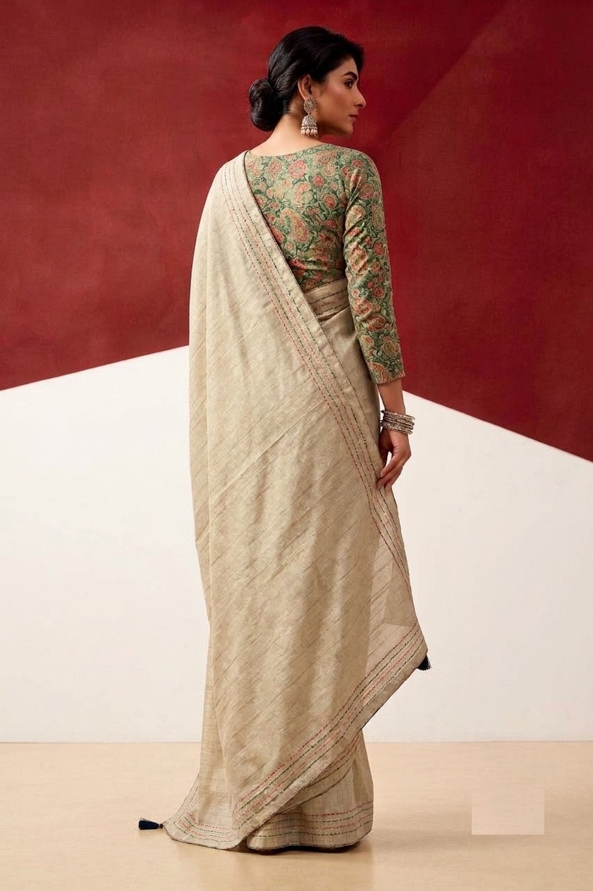 Beige Woven Designer Tissue Saree — alternate view
