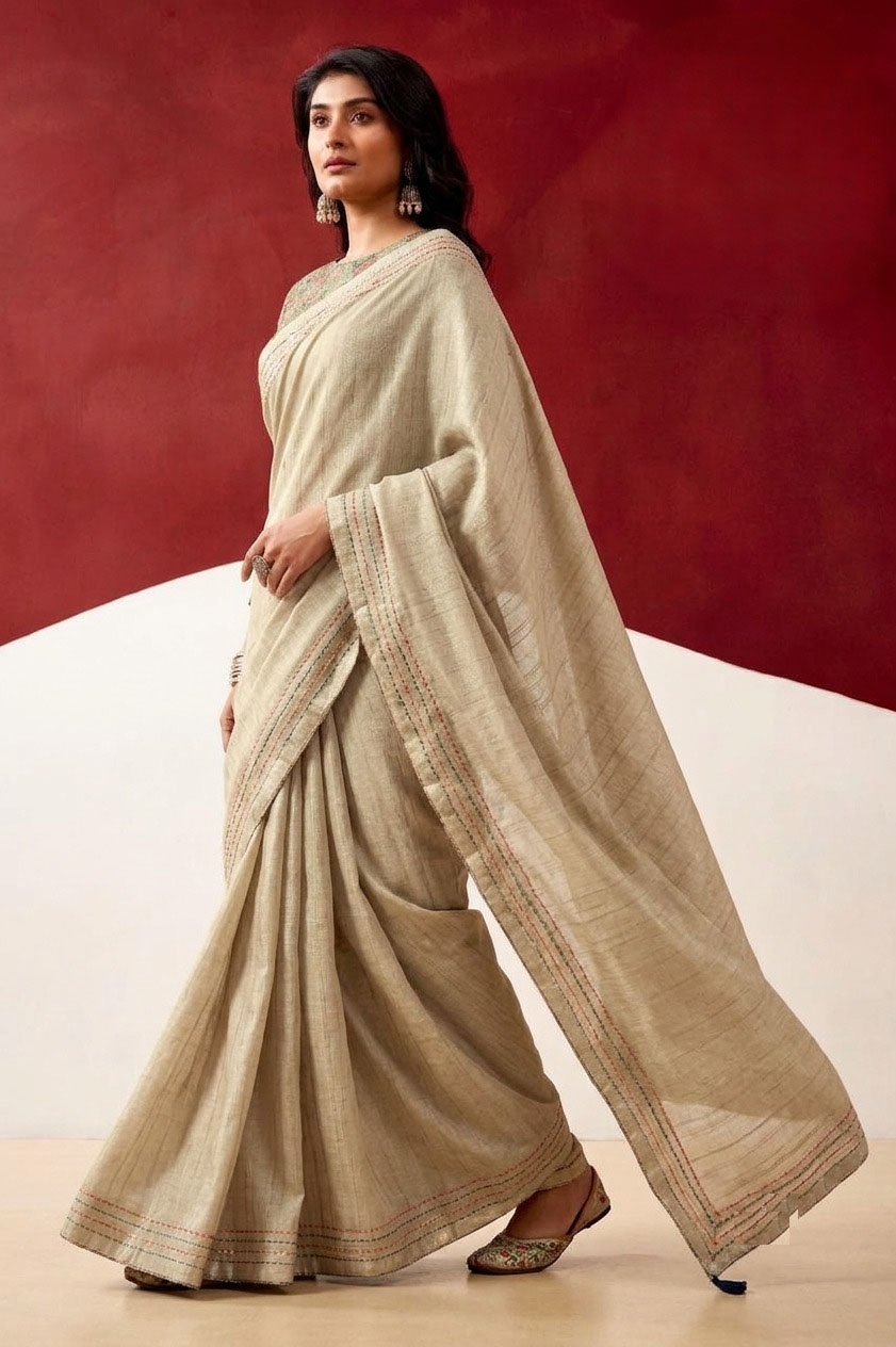 Beige Woven Designer Tissue Saree