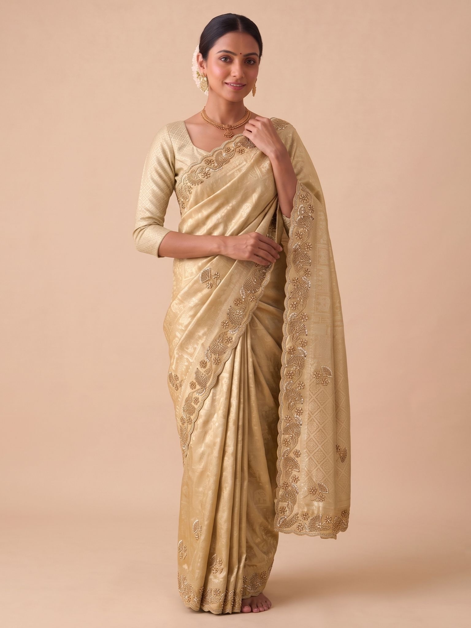 Beige Woven Handwork Banarasi Silk Saree