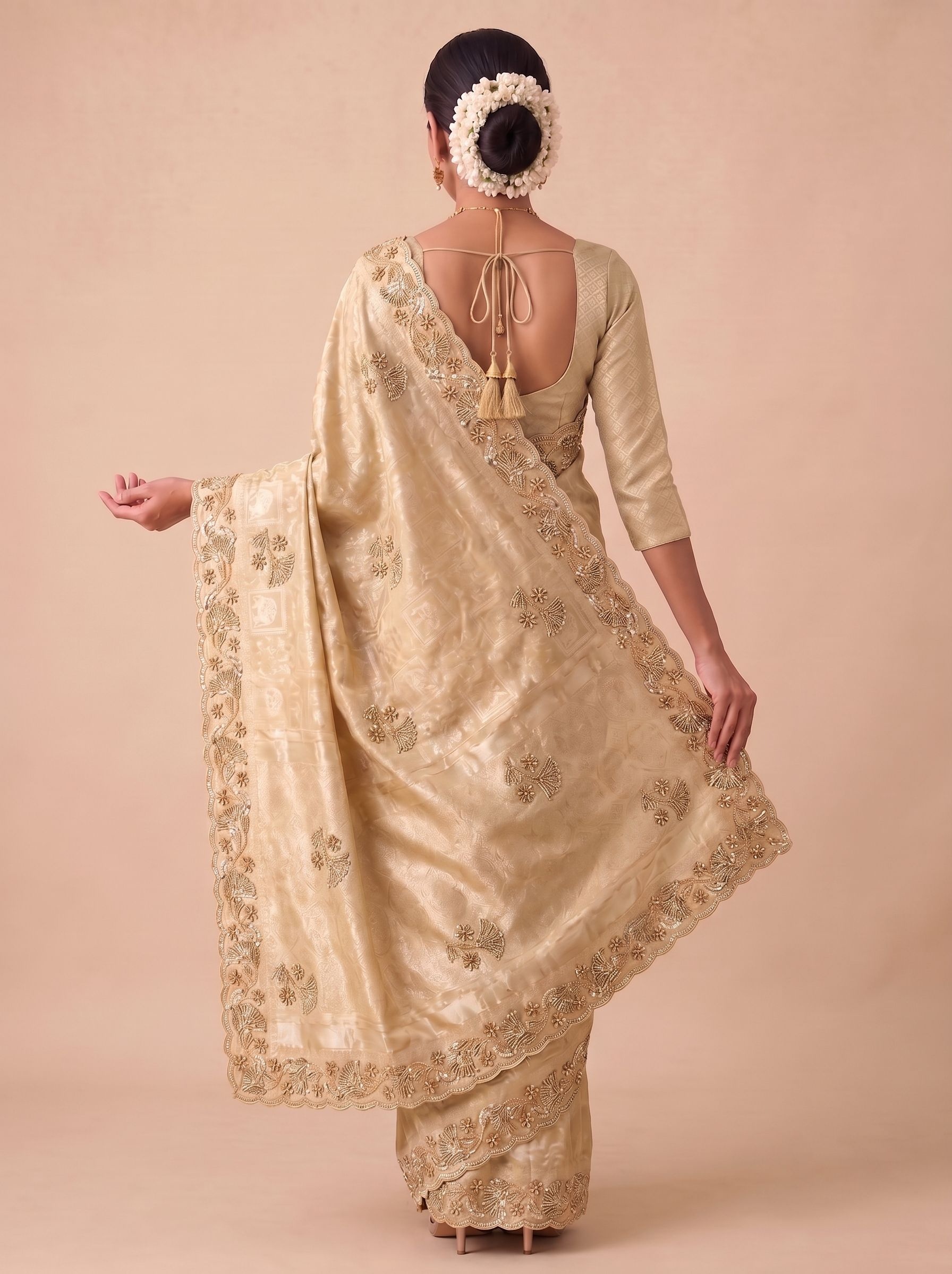Beige Woven Handwork Banarasi Silk Saree — alternate view