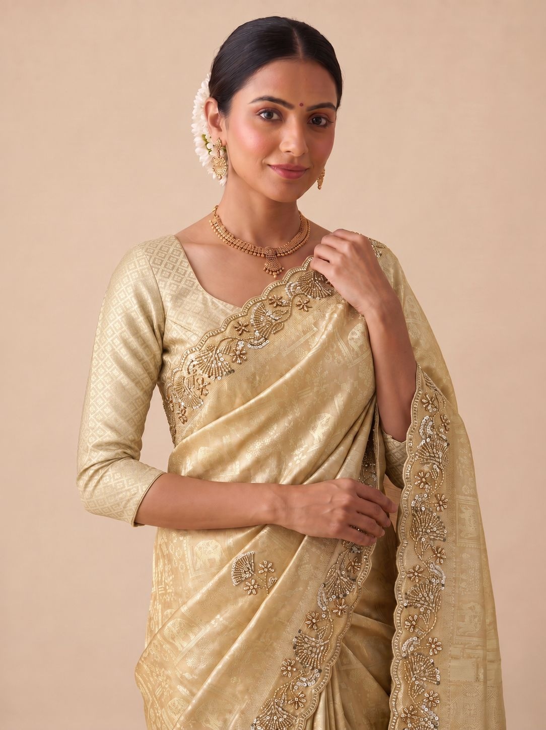 Beige Woven Handwork Banarasi Silk Saree