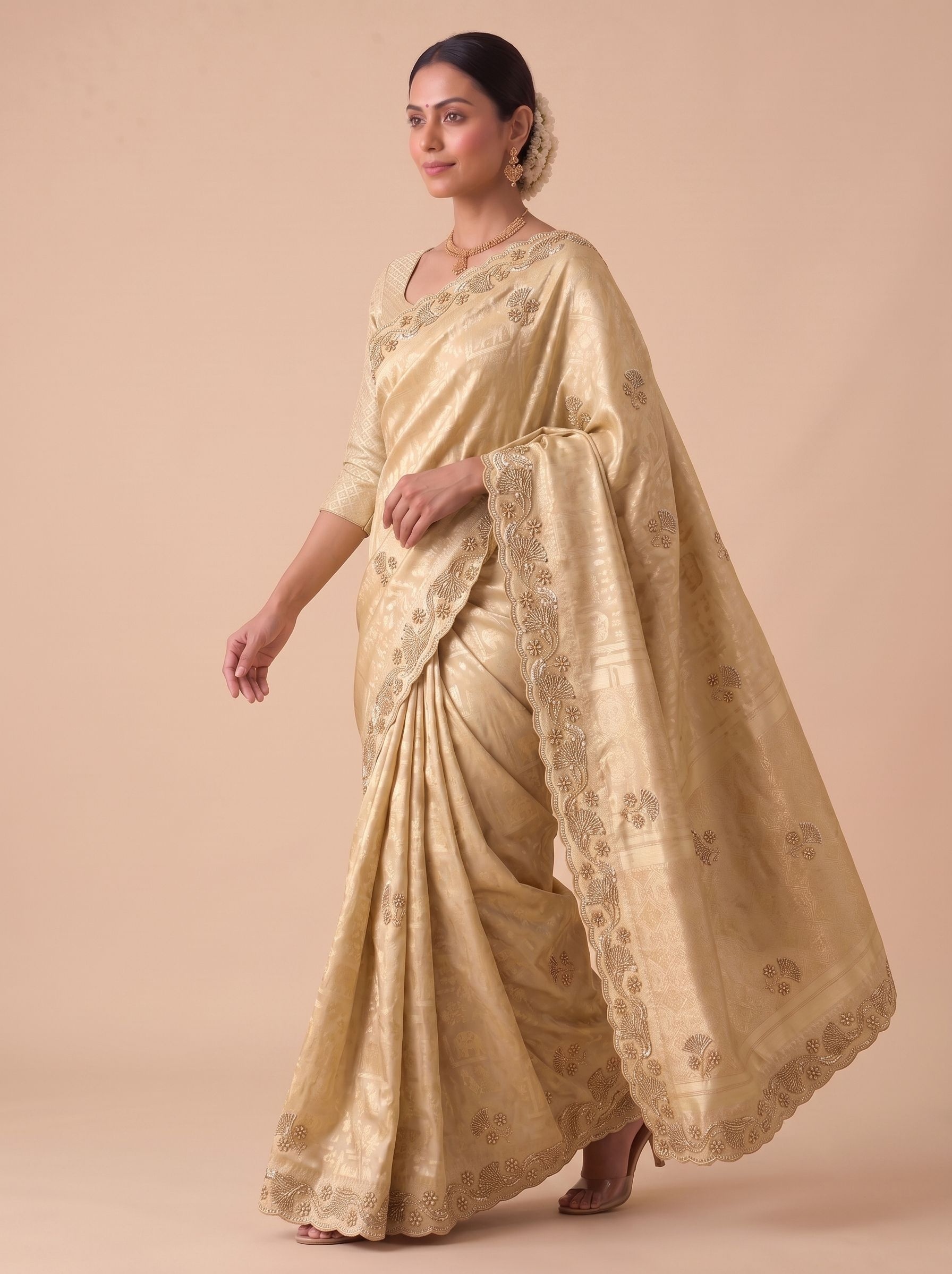 Beige Woven Handwork Banarasi Silk Saree