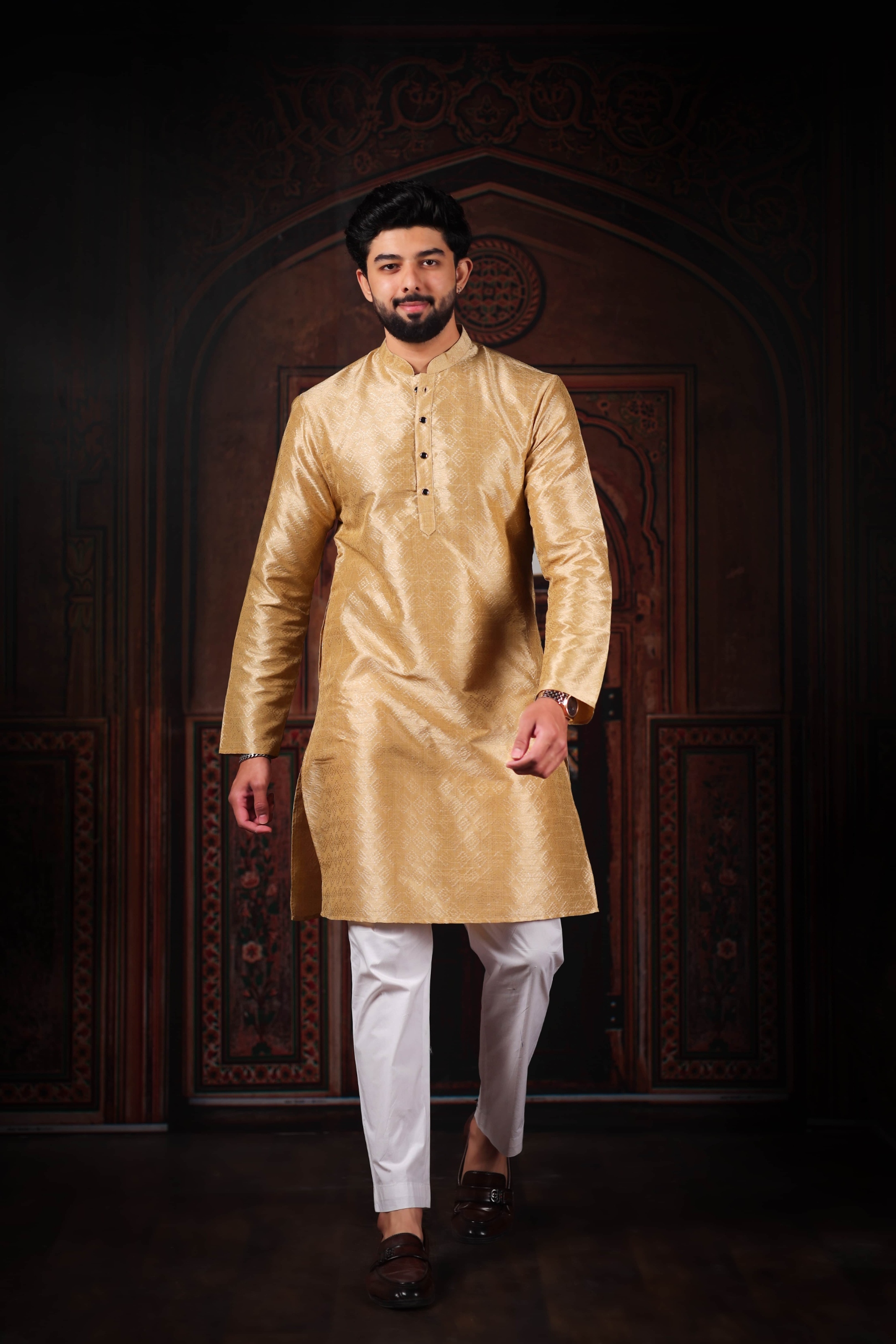 Beige Woven Pattern Art Silk Kurta Pyjama