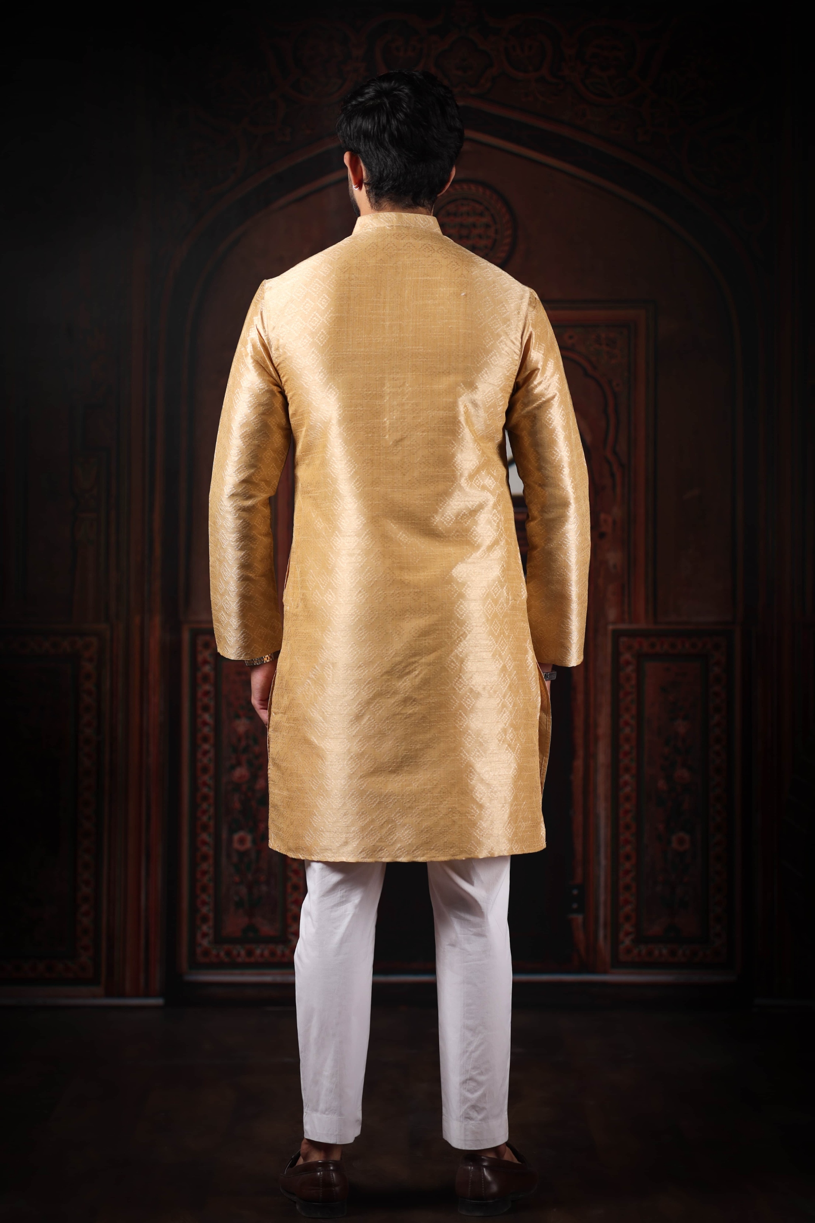 Beige Woven Pattern Art Silk Kurta Pyjama — alternate view