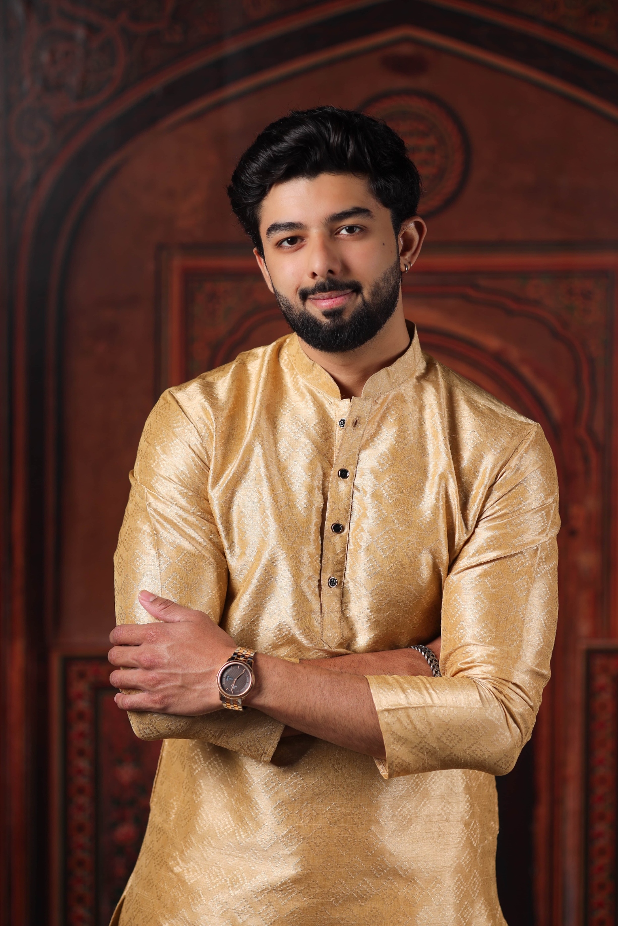 Beige Woven Pattern Art Silk Kurta Pyjama
