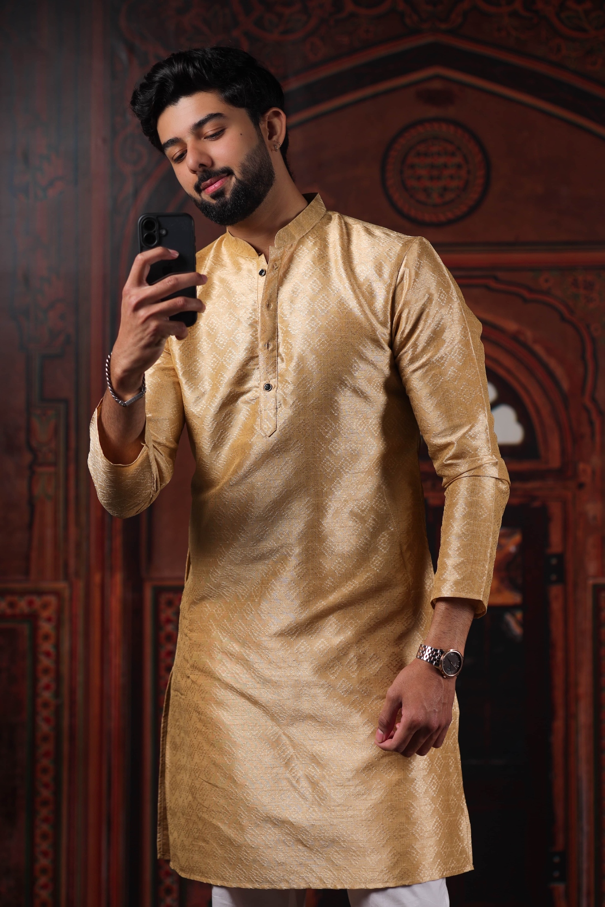 Beige Woven Pattern Art Silk Kurta Pyjama