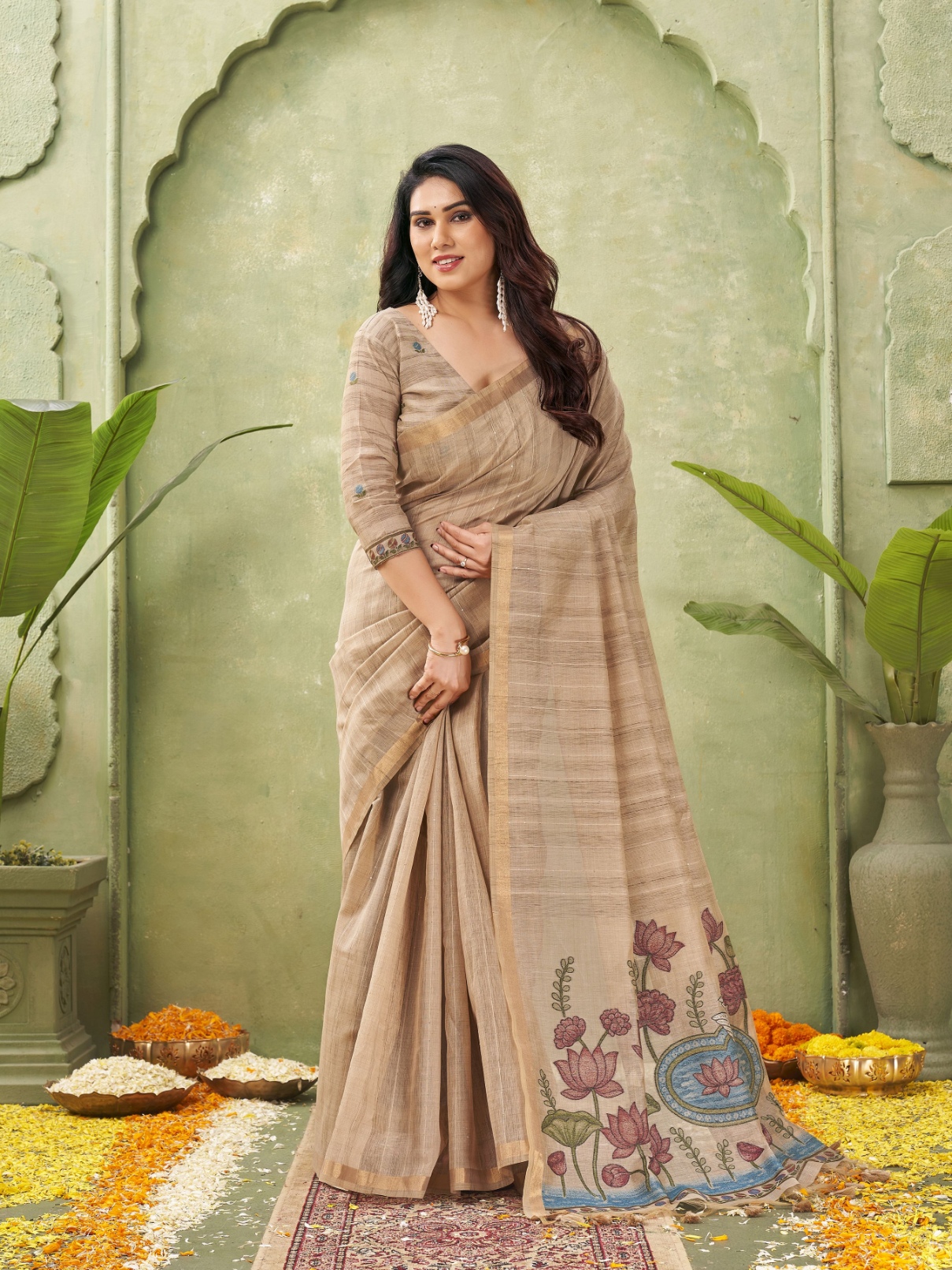Beige Woven Swan Lotus Designer Ghicha Cotton Saree