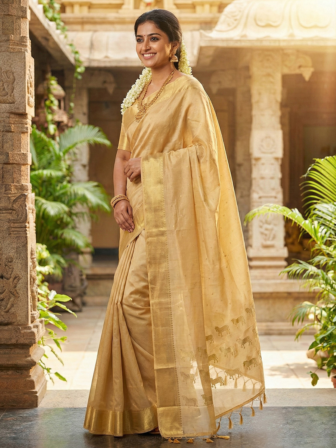 Beige Woven Zari Designer Soft Silk Saree — alternate view
