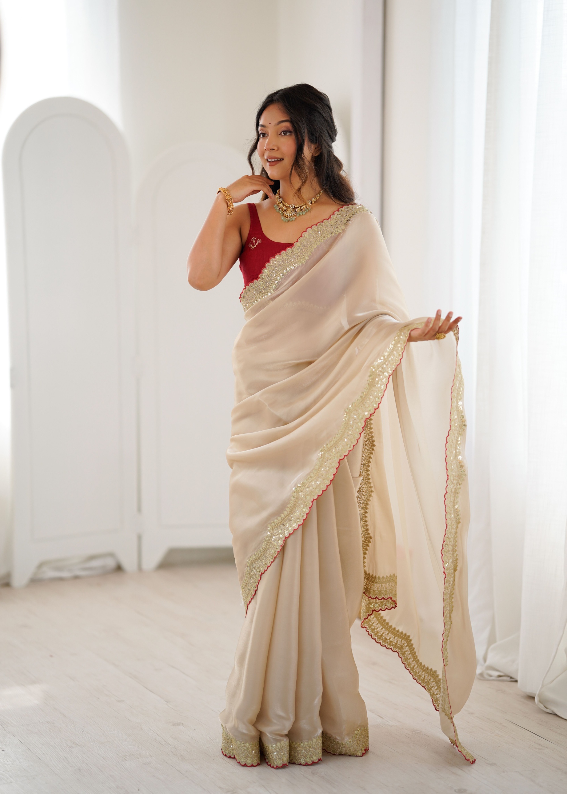 Beige Zari Sequin Embroidery Jimmy Choo Saree