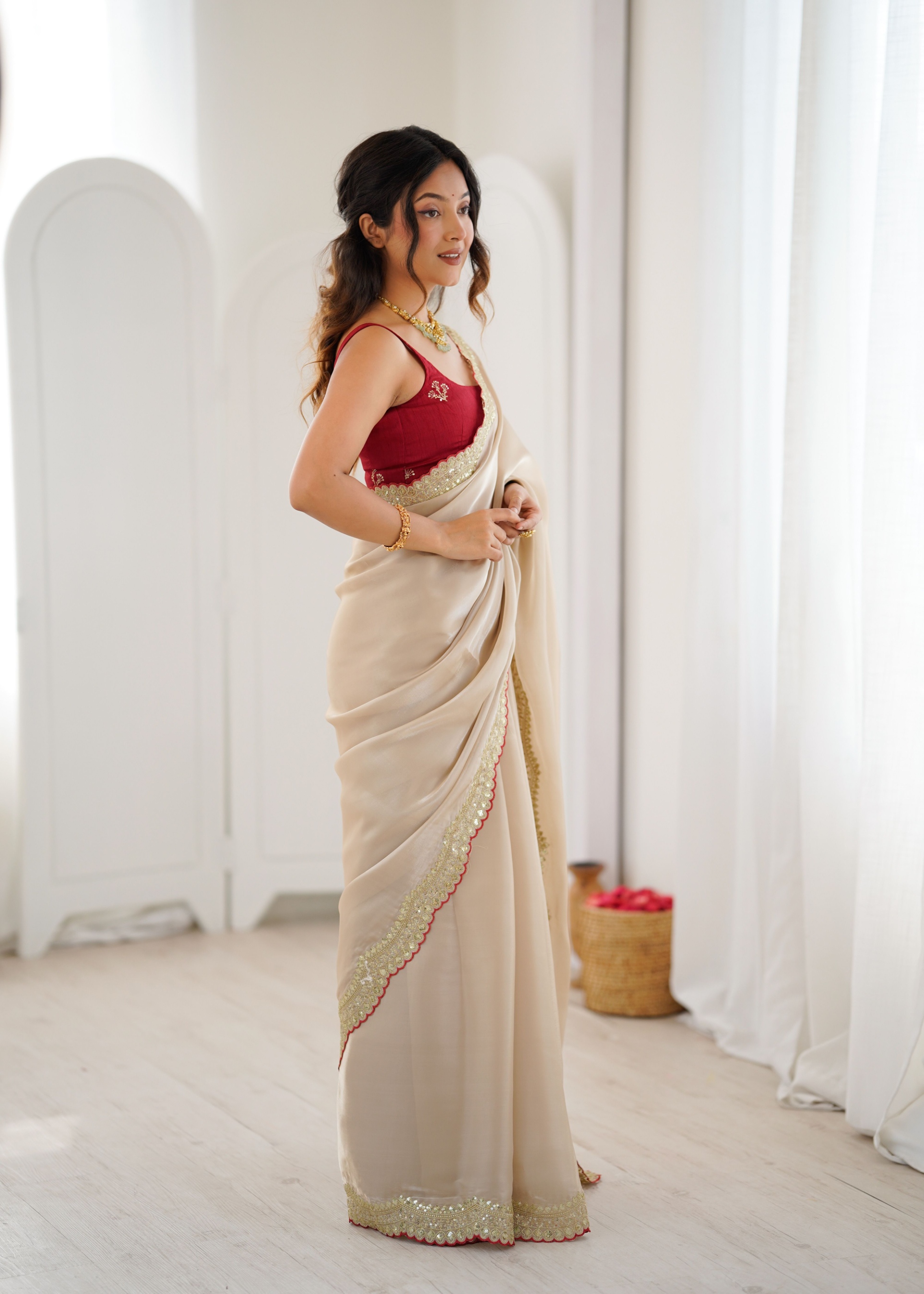 Beige Zari Sequin Embroidery Jimmy Choo Saree — alternate view