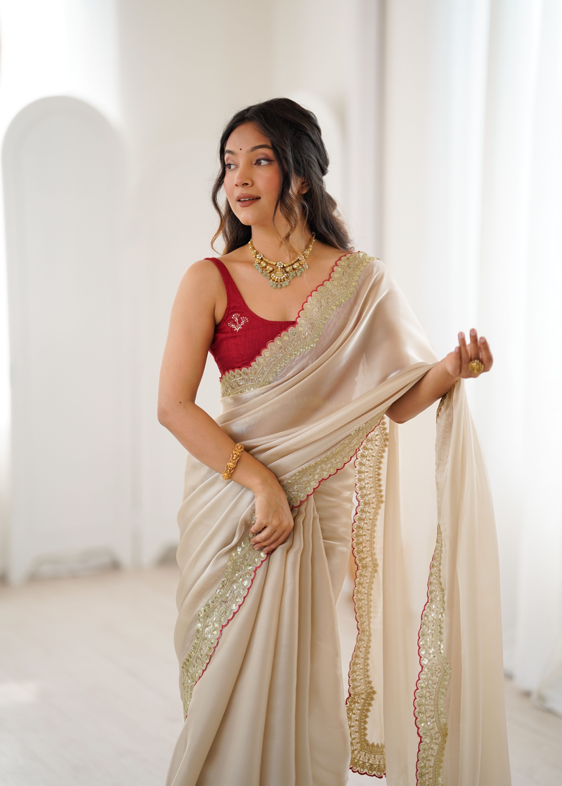 Beige Zari Sequin Embroidery Jimmy Choo Saree
