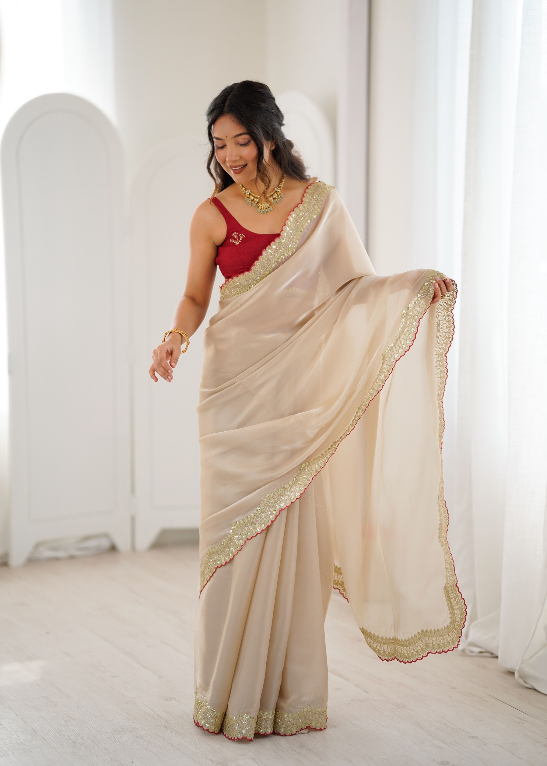 Beige Zari Sequin Embroidery Jimmy Choo Saree