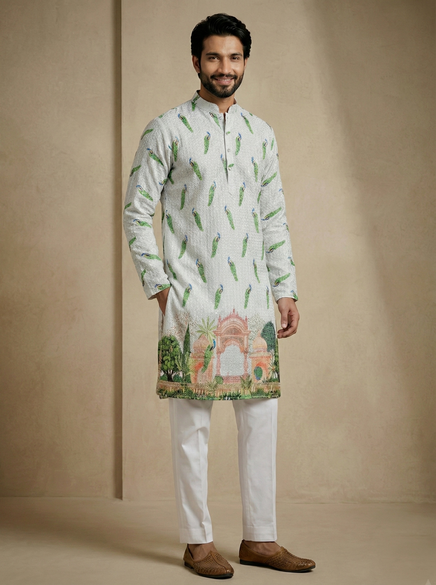 Bird Digital Print Mix Cotton Kurta Pyjama — alternate view