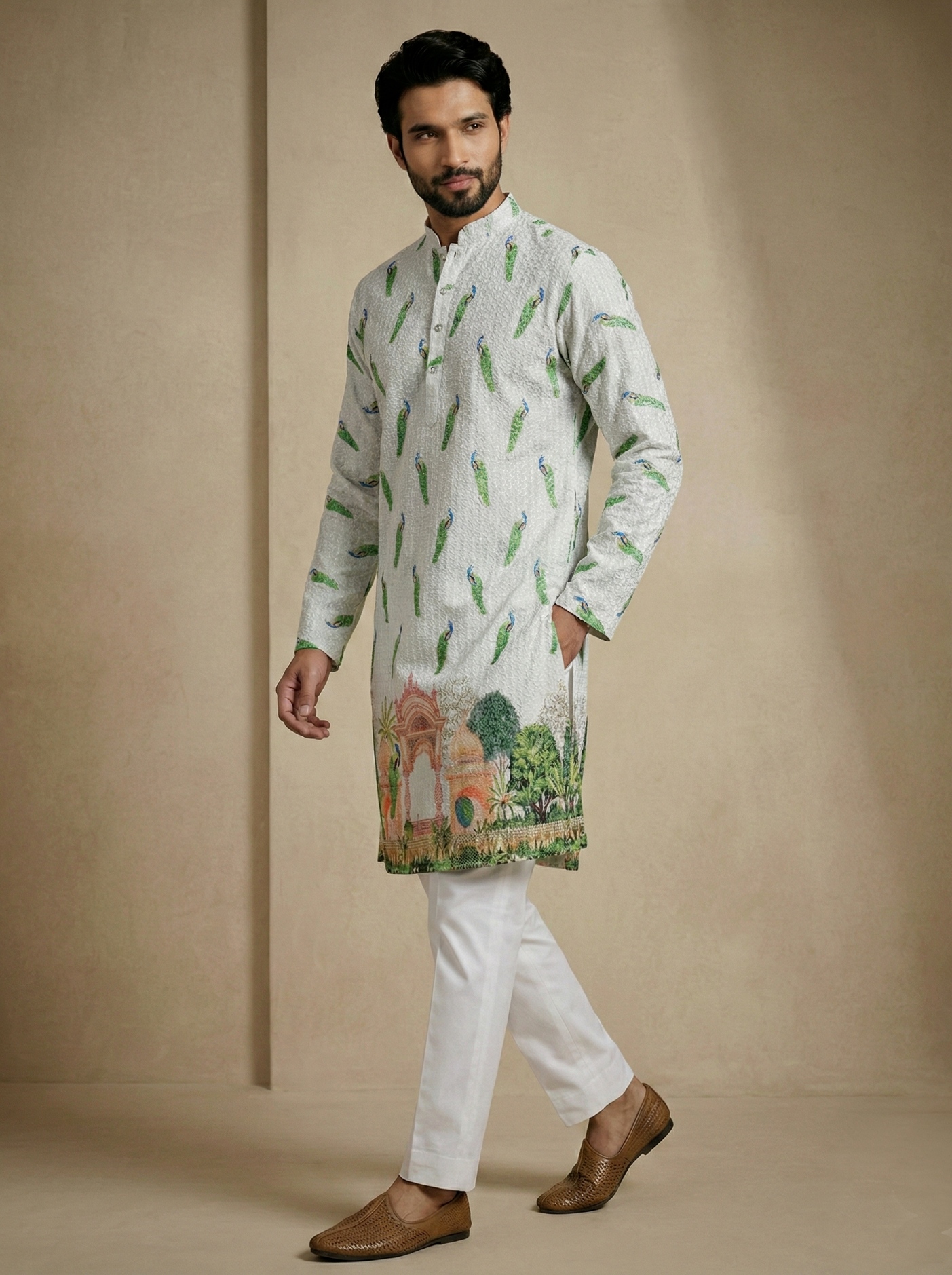 Bird Digital Print Mix Cotton Kurta Pyjama