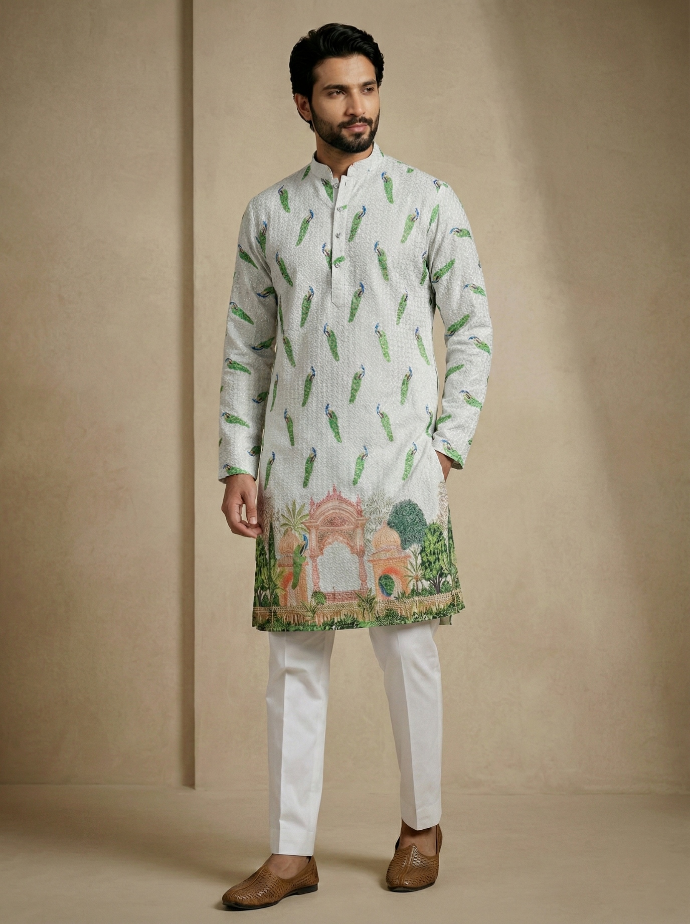 Bird Digital Print Mix Cotton Kurta Pyjama