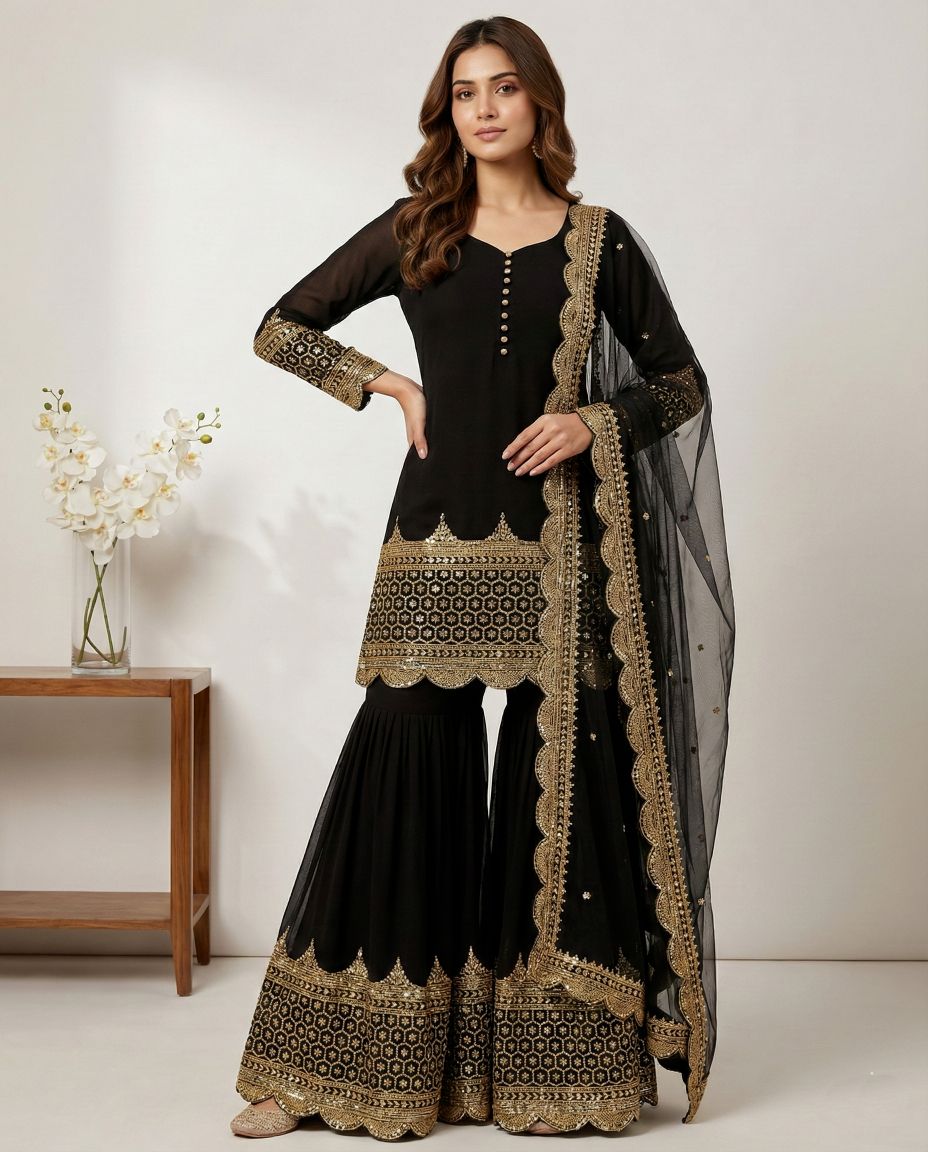 Black 5mm Embroidered Heavy Faux Georgette Sharara Suit