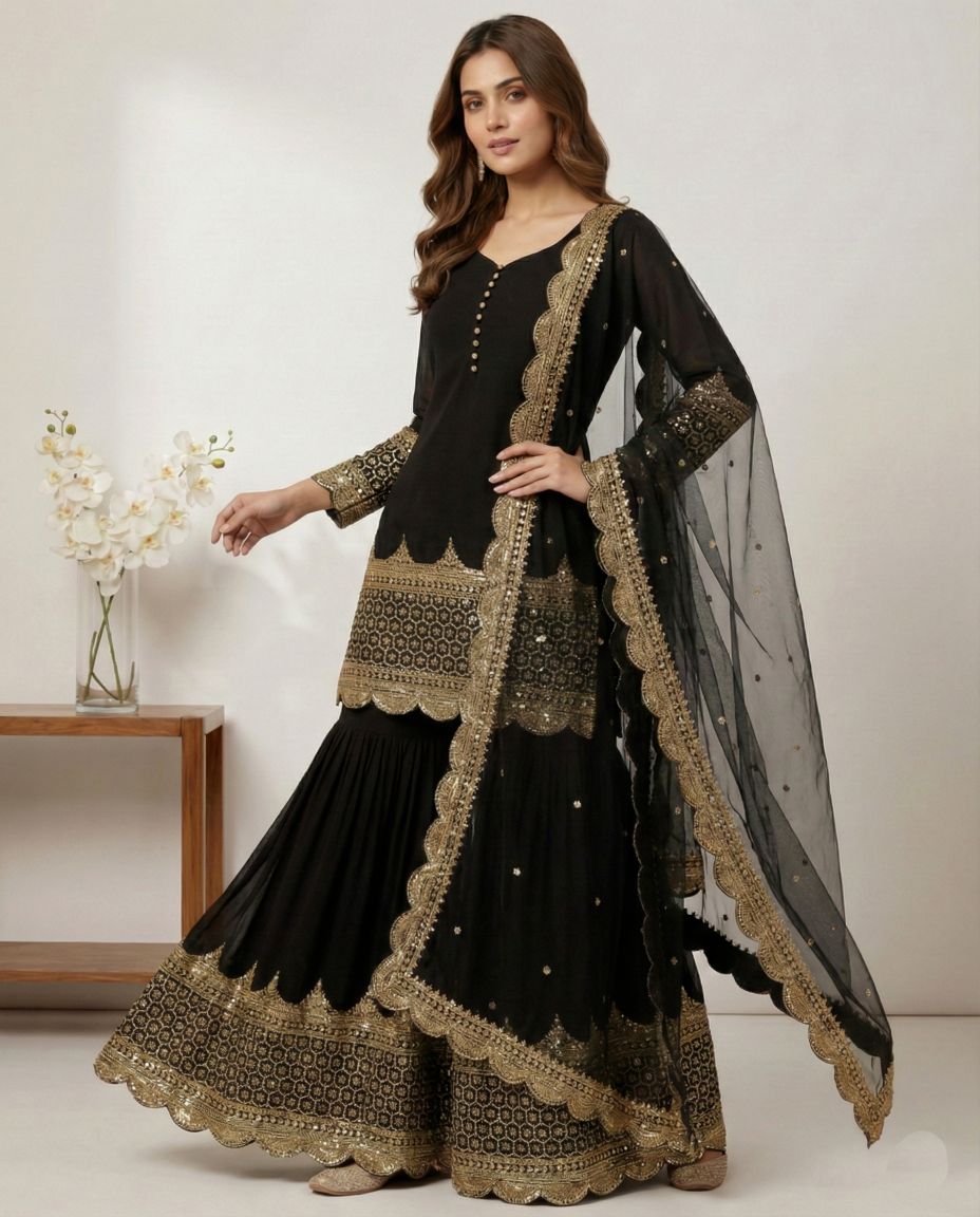 Black 5mm Embroidered Heavy Faux Georgette Sharara Suit — alternate view