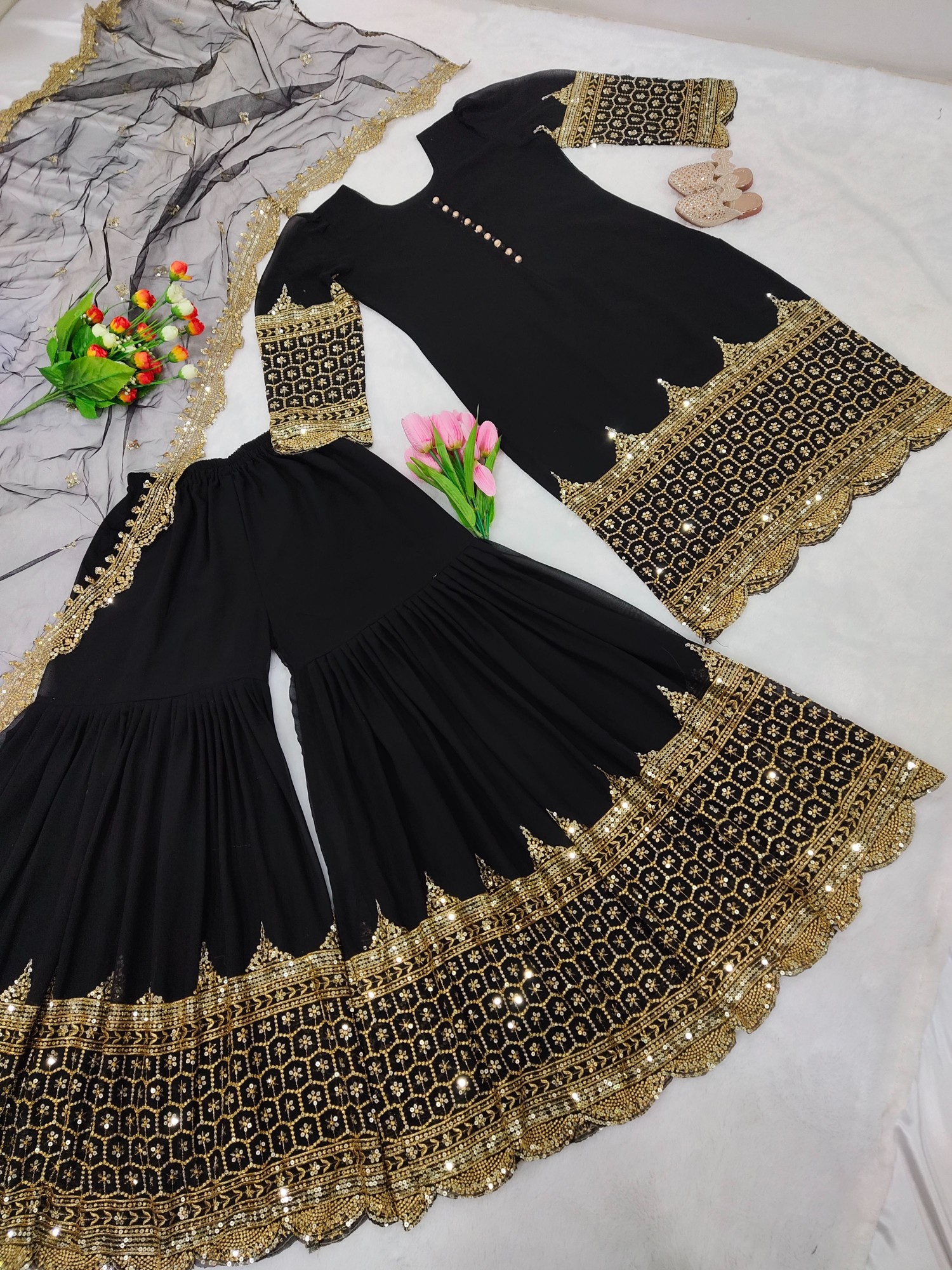 Black 5mm Embroidered Heavy Faux Georgette Sharara Suit