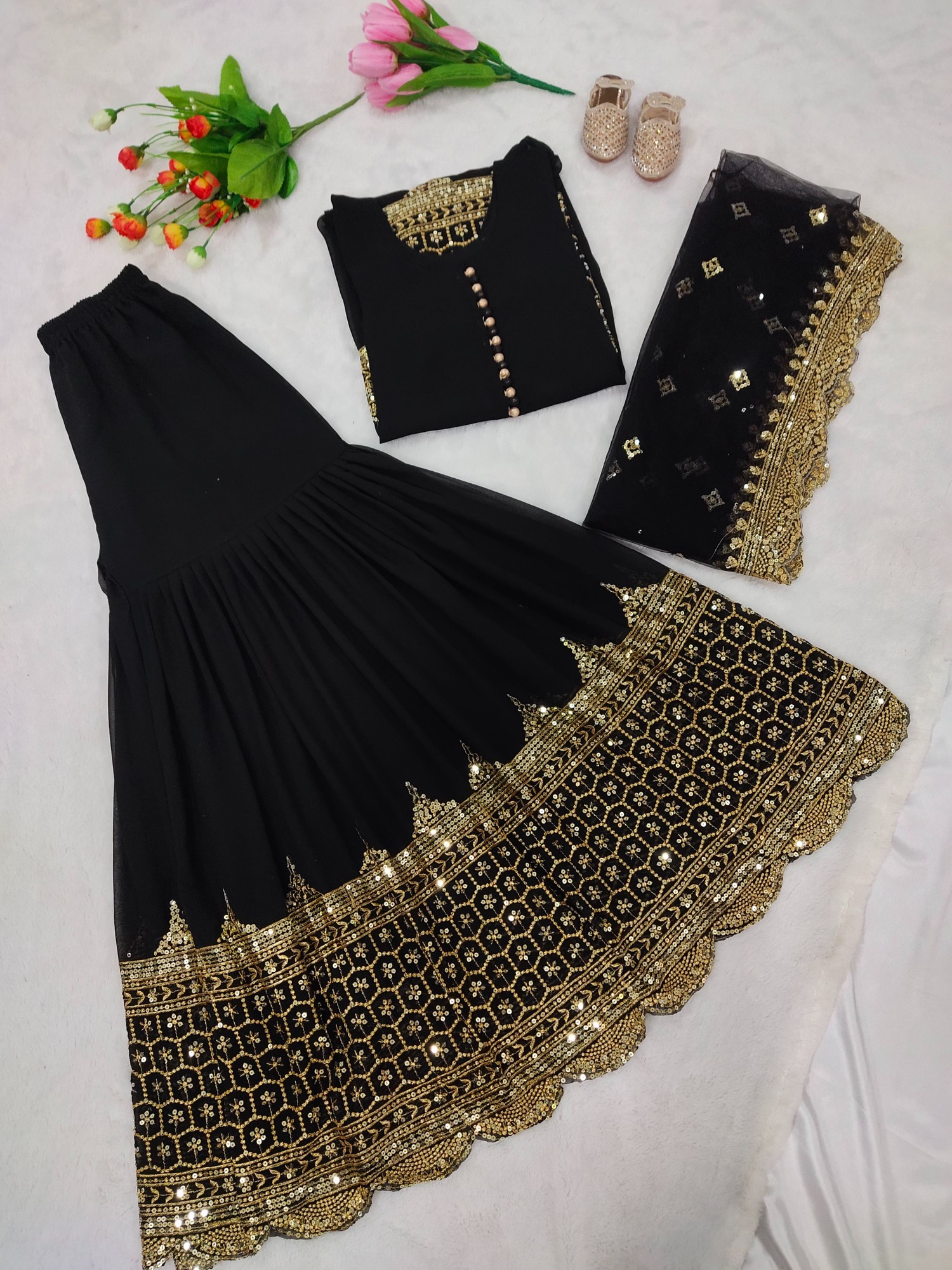 Black 5mm Embroidered Heavy Faux Georgette Sharara Suit