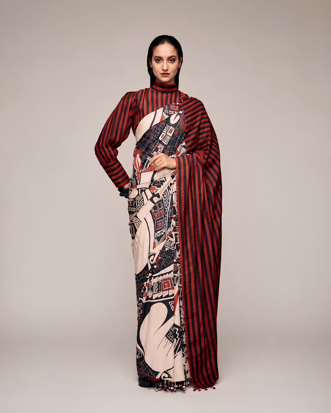 Black Abstract Geometric Print Satin Ready-to-Wear Saree