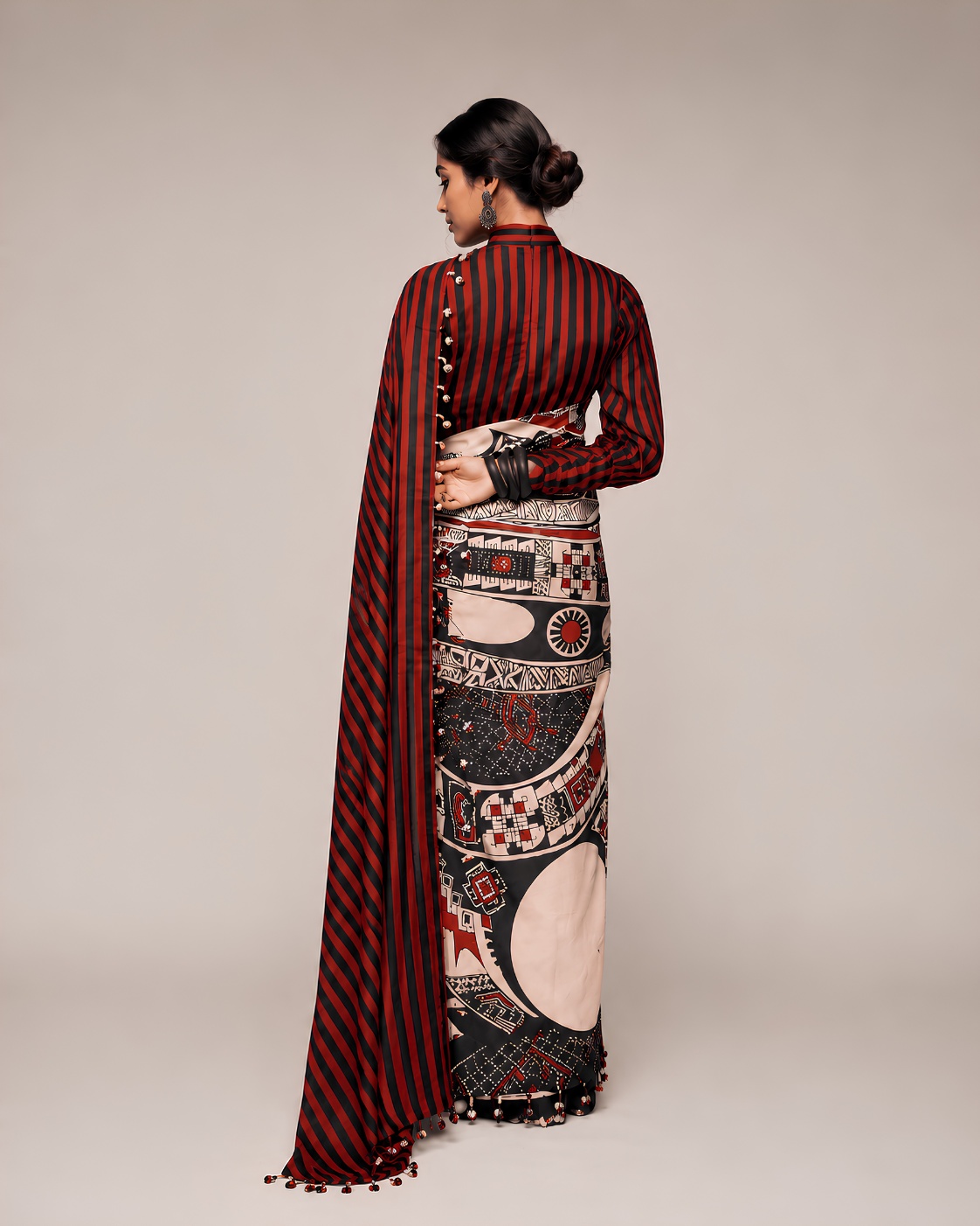 Black Abstract Geometric Print Satin Ready-to-Wear Saree — alternate view
