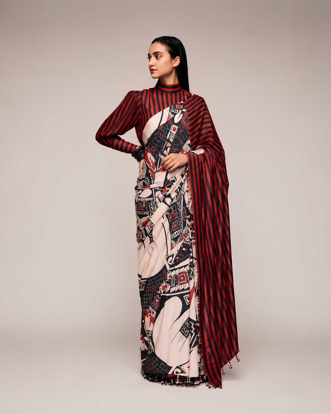 Black Abstract Geometric Print Satin Ready-to-Wear Saree