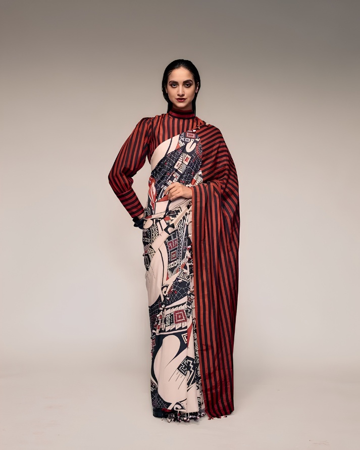 Black Abstract Geometric Print Satin Ready-to-Wear Saree