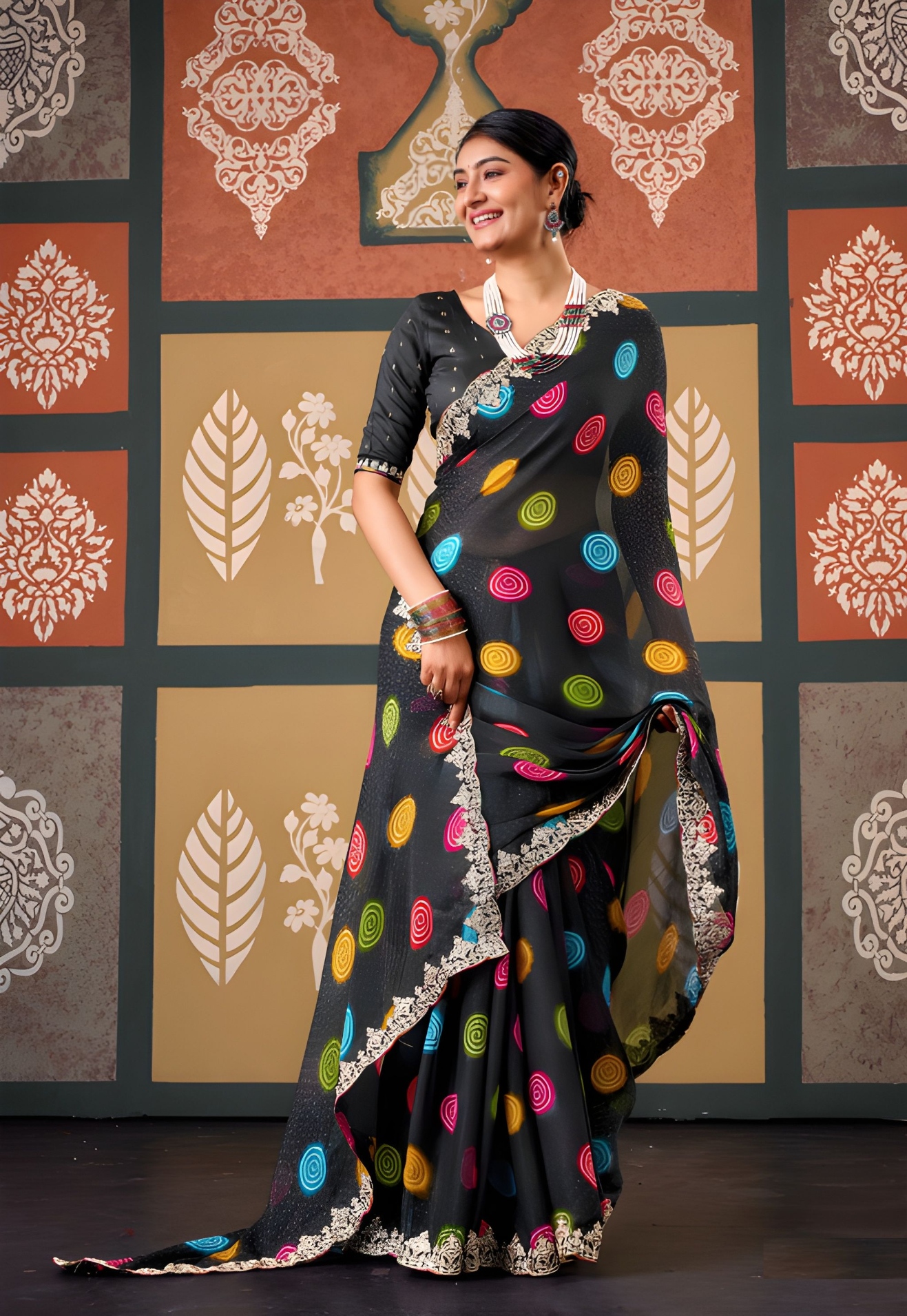 Black Abstract Printed Embroidered Chiffon Saree