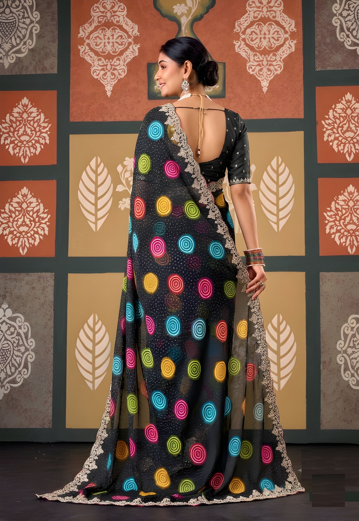 Black Abstract Printed Embroidered Chiffon Saree — alternate view