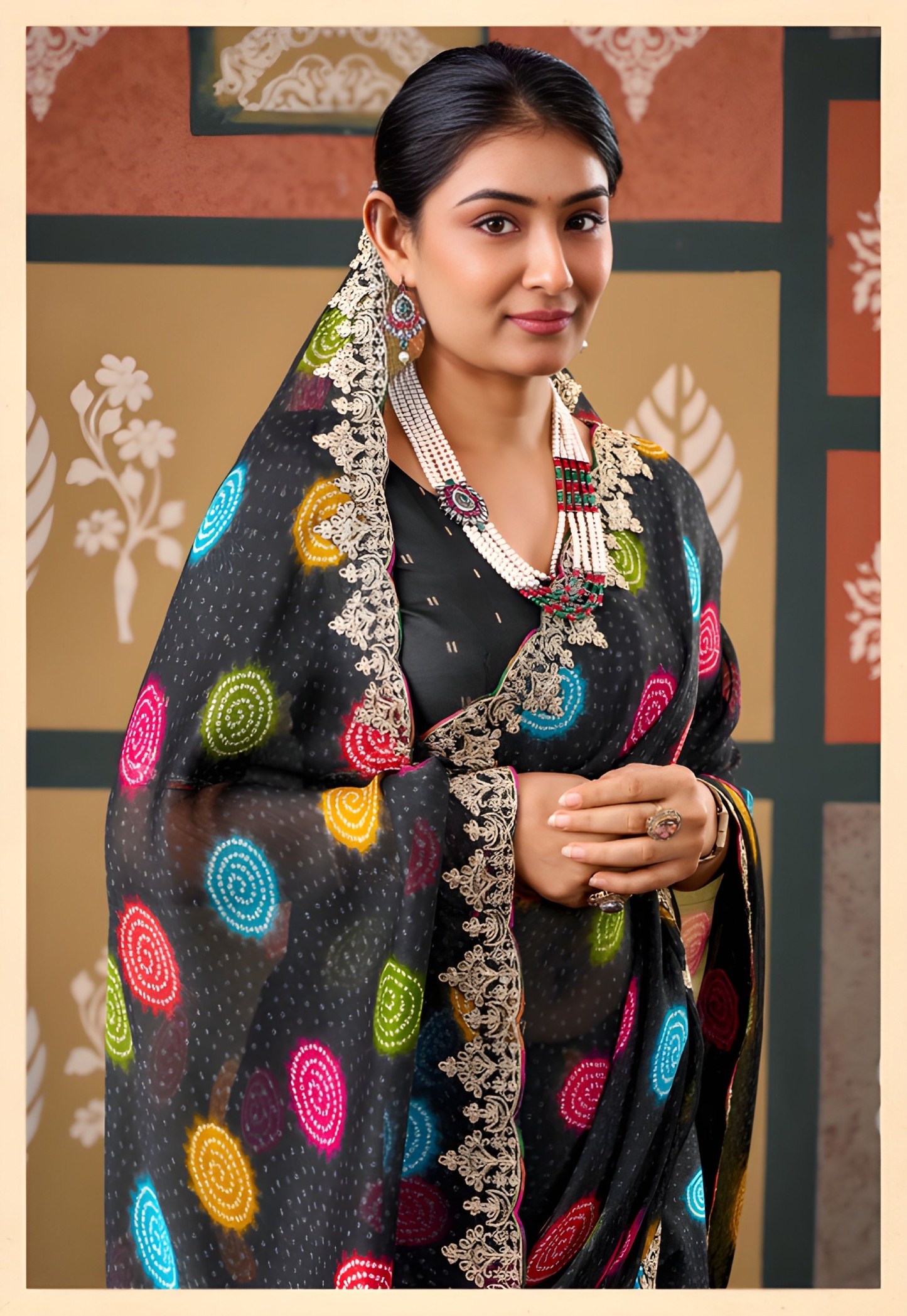 Black Abstract Printed Embroidered Chiffon Saree