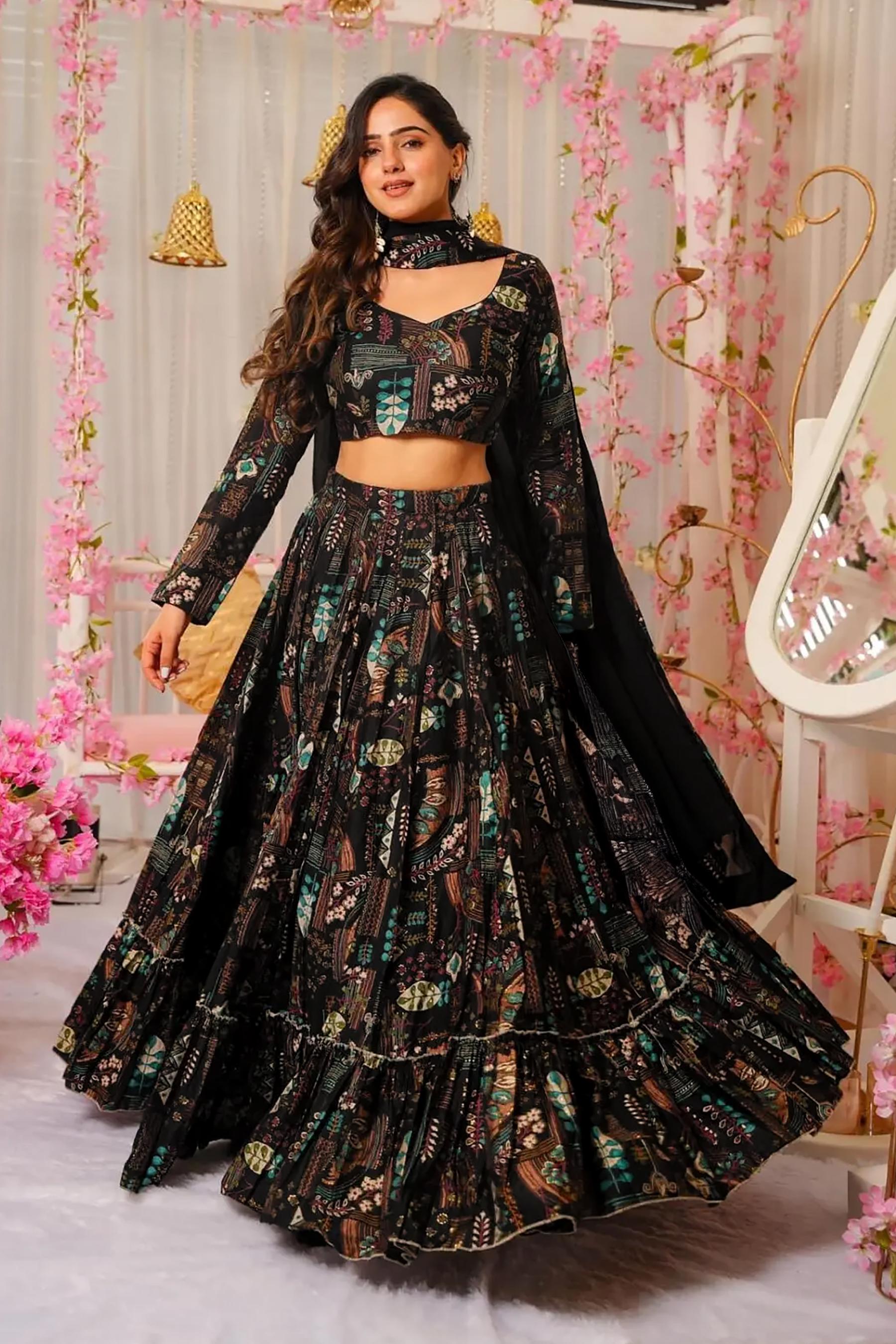 Black Air Tex Chinon Crop Top Lehenga