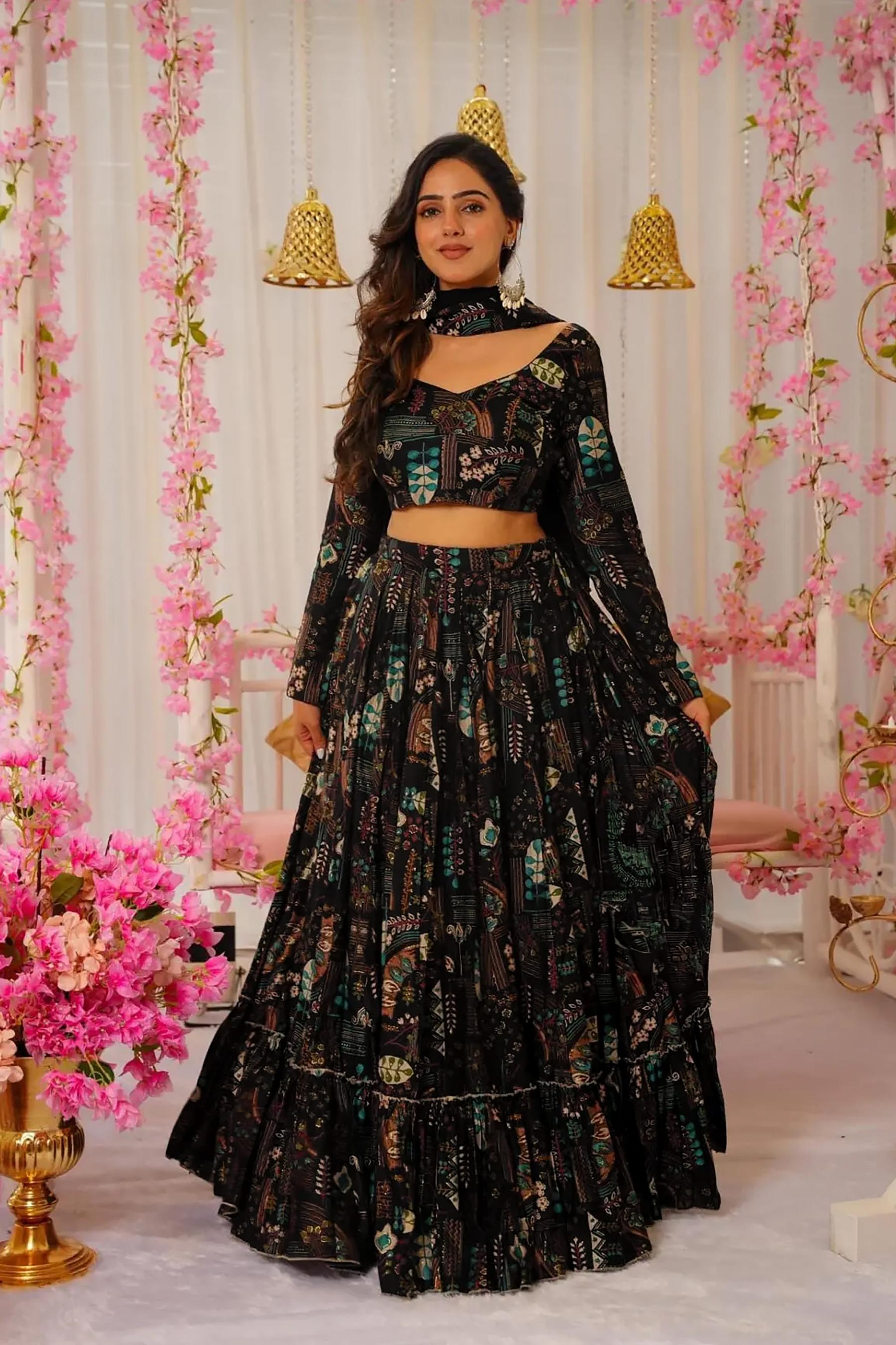 Black Air Tex Chinon Crop Top Lehenga