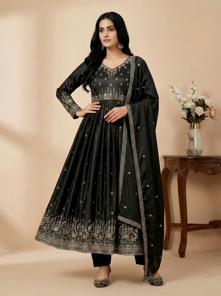 Black American Silk Sequins Thread Designer Suit