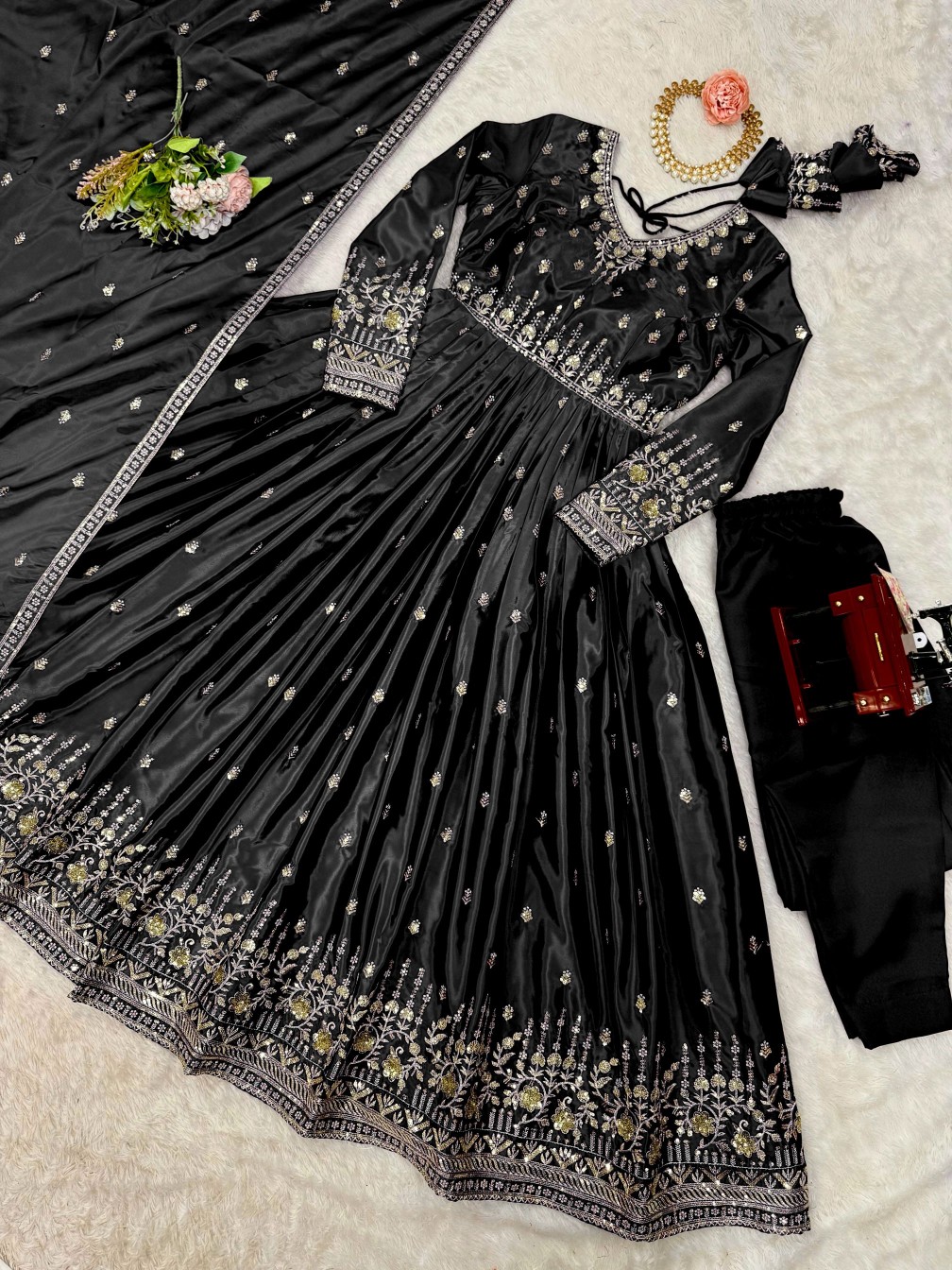 Black American Silk Sequins Thread Designer Suit