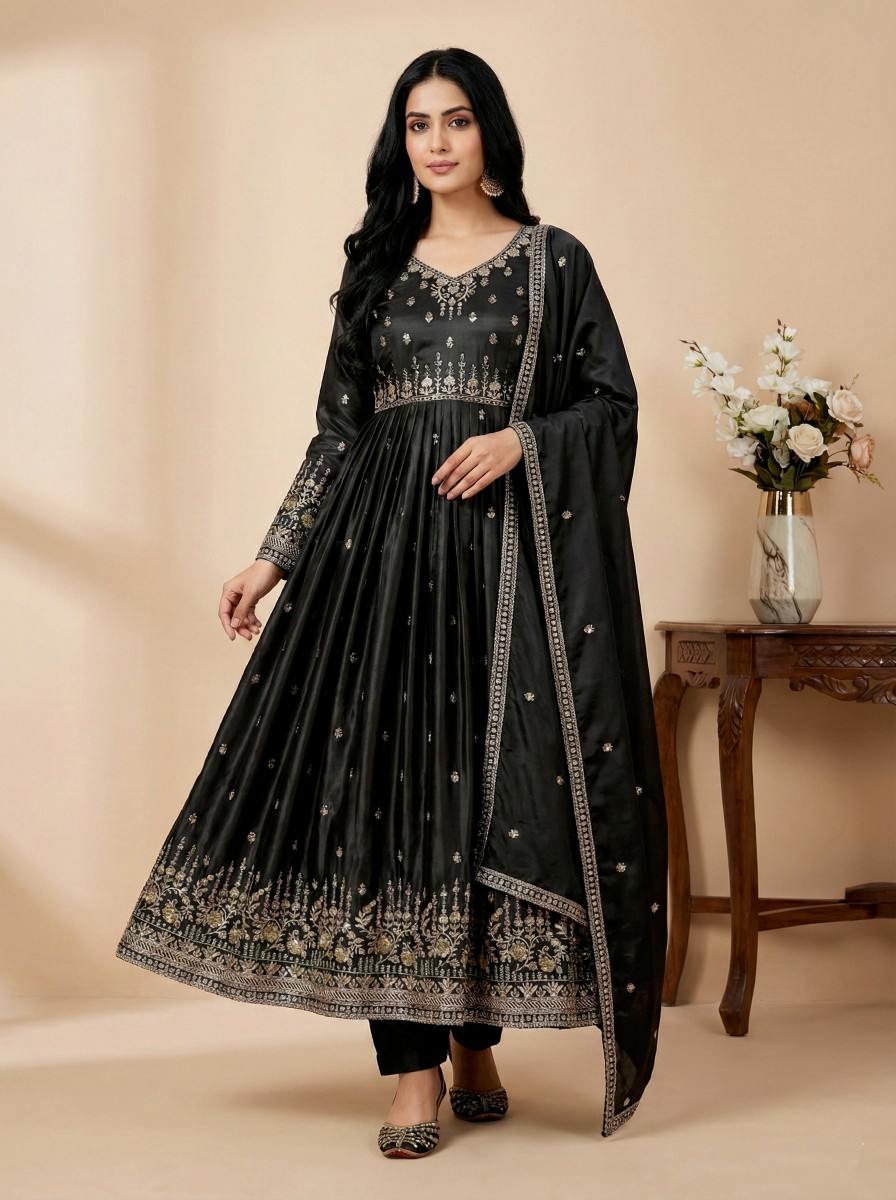 Black American Silk Sequins Thread Designer Suit