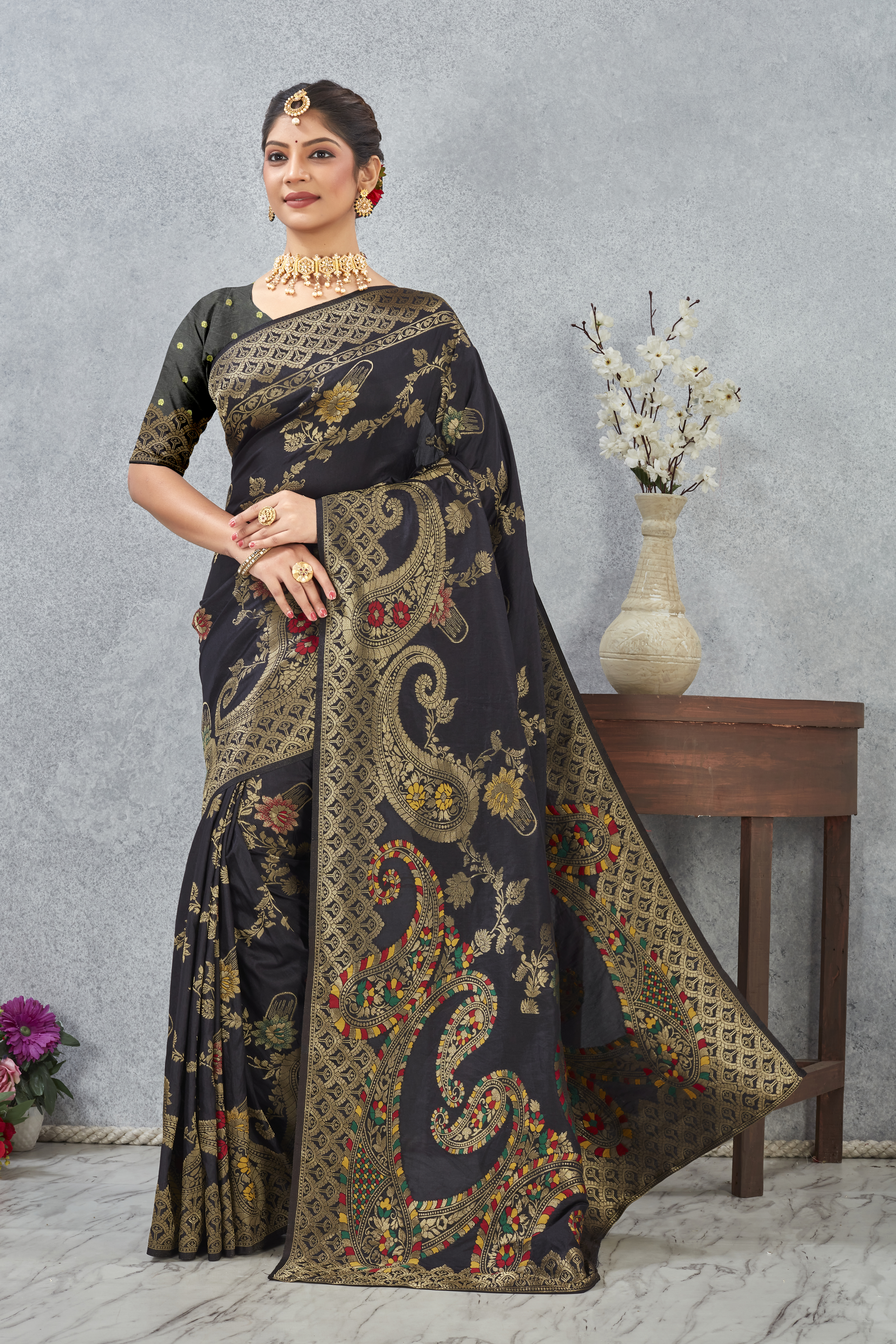 Black Banarasi Meenakari Silk Saree