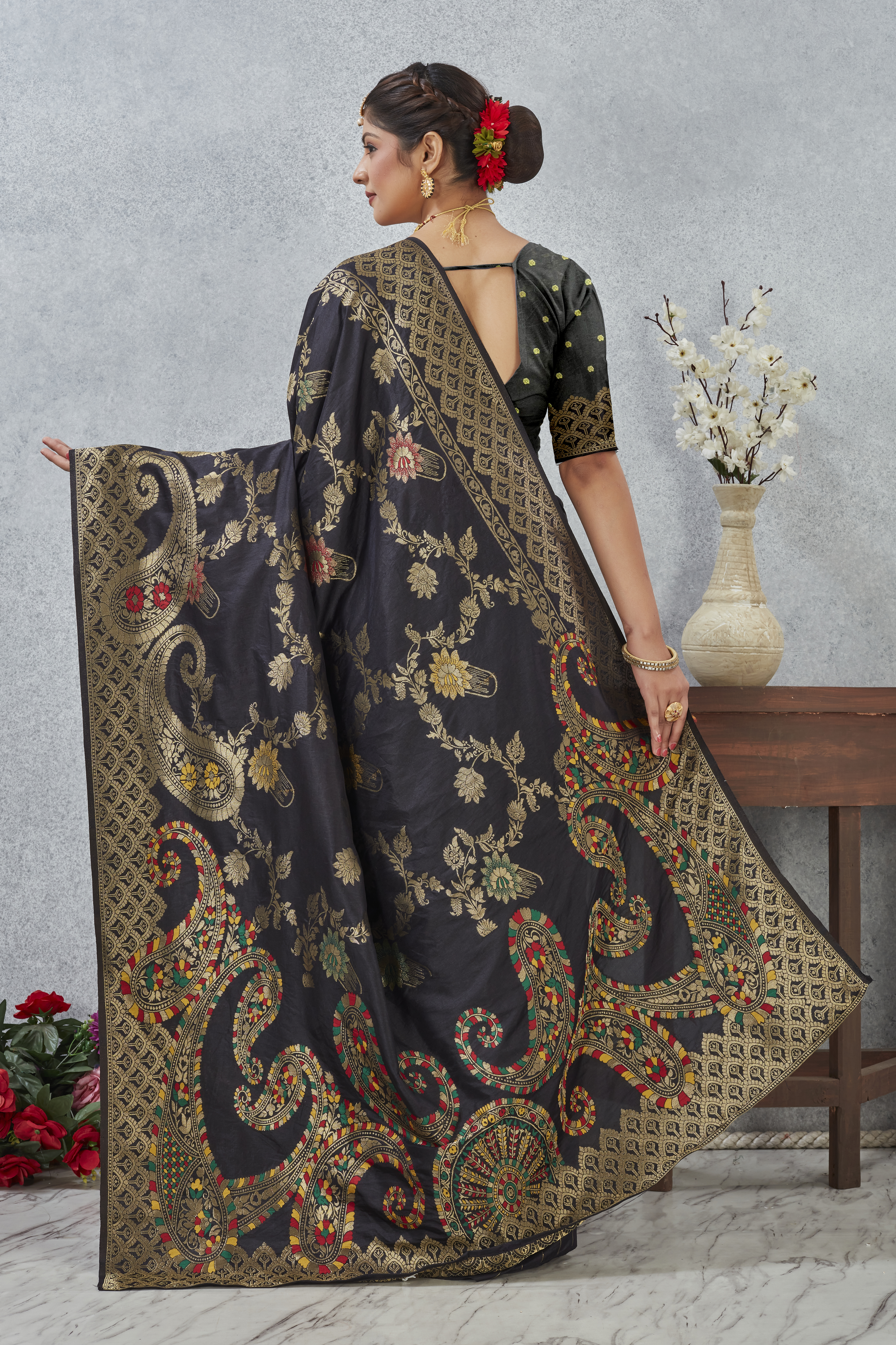 Black Banarasi Meenakari Silk Saree — alternate view