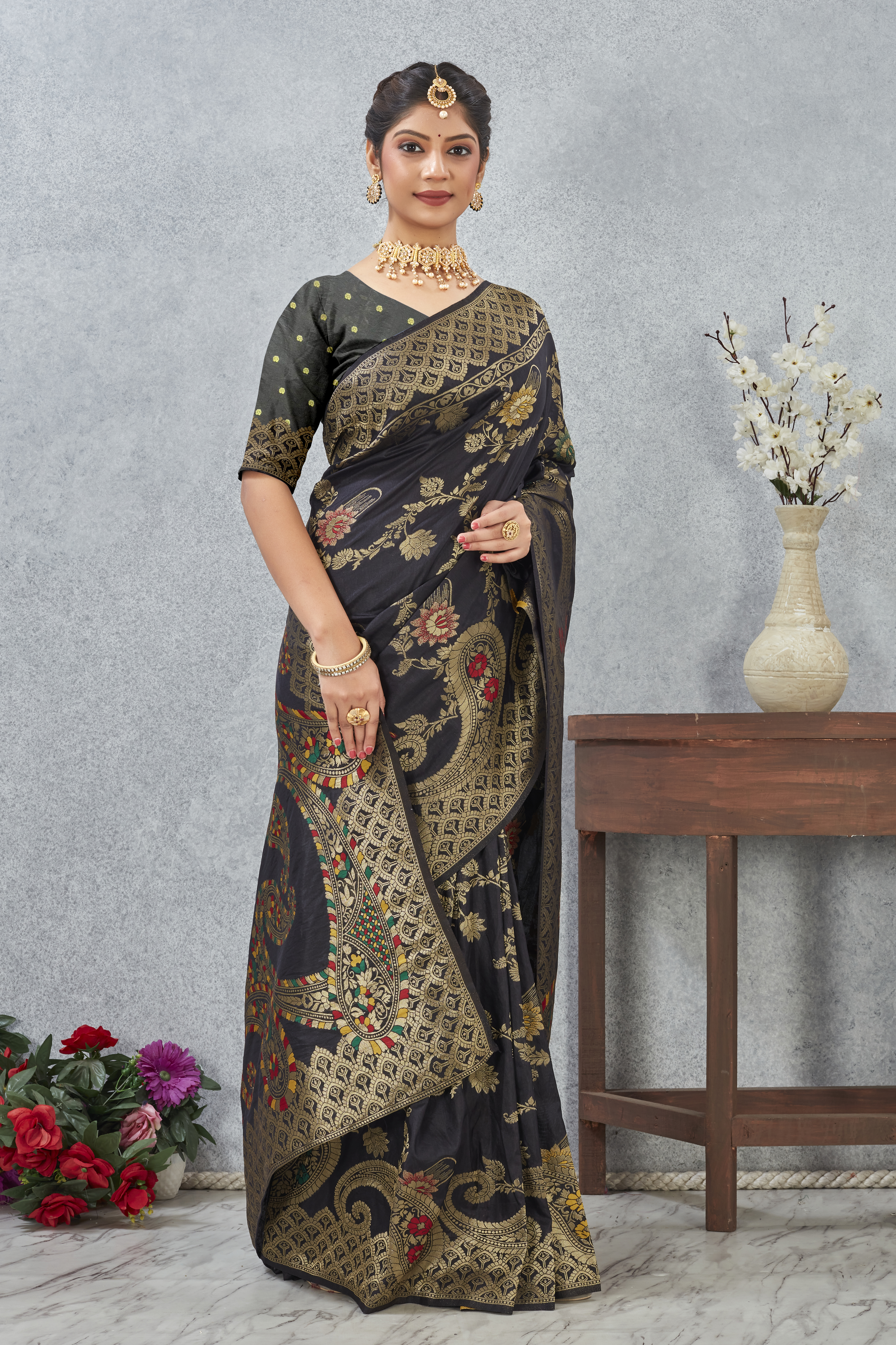 Black Banarasi Meenakari Silk Saree