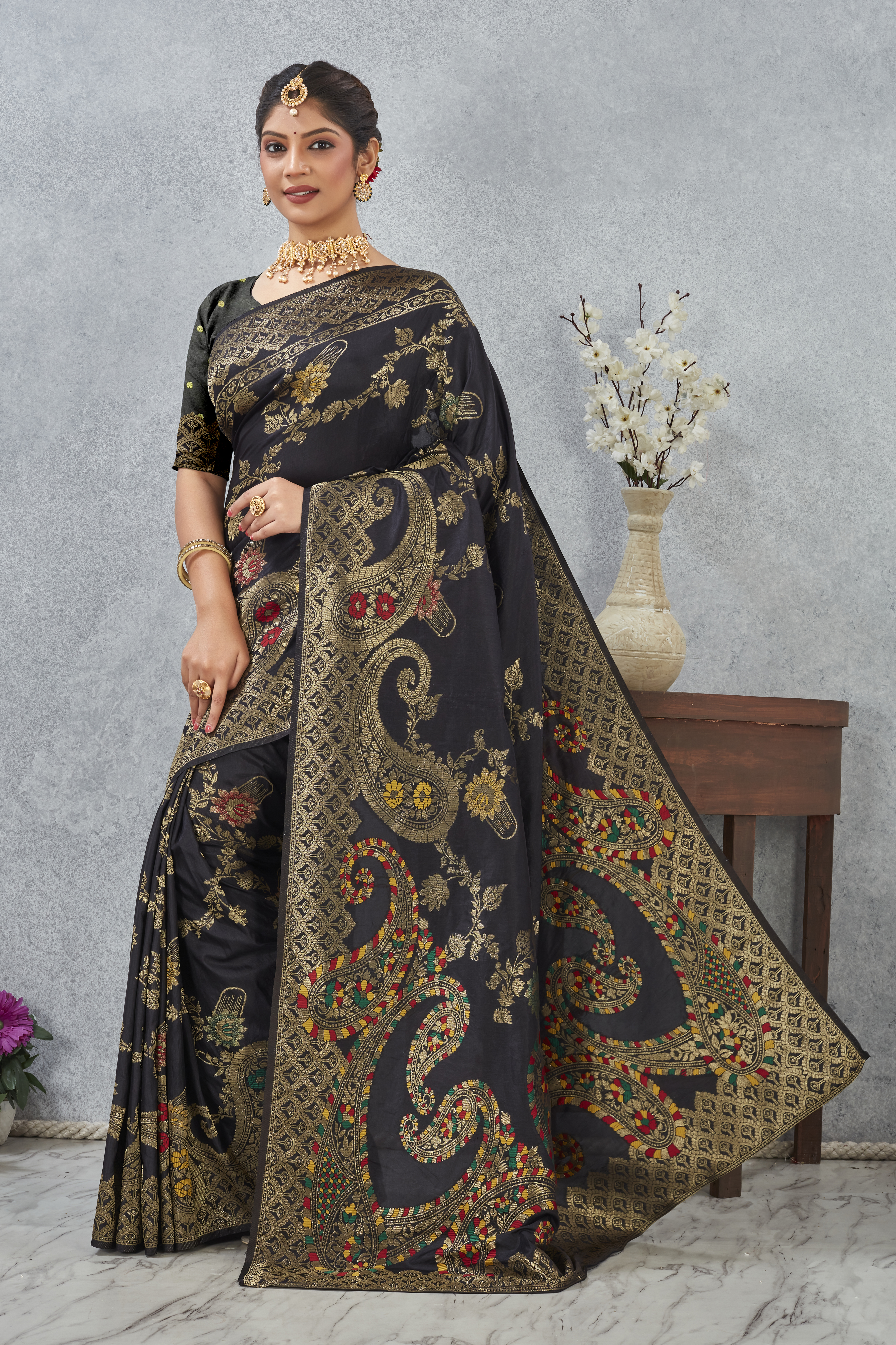 Black Banarasi Meenakari Silk Saree