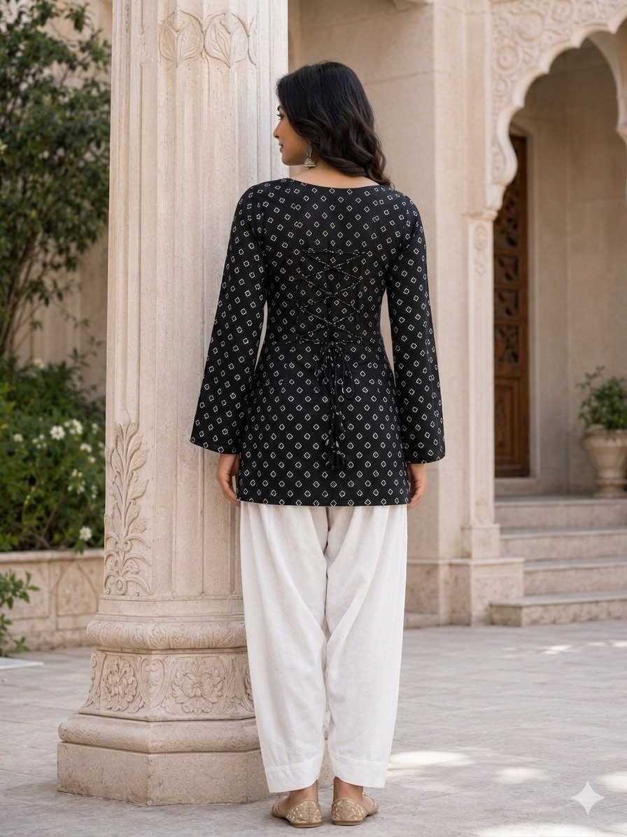 Black Bandhani Printed Cotton Short Top Bottom Set — alternate view