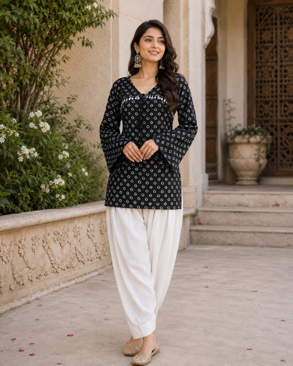 Black Bandhani Printed Cotton Short Top Bottom Set