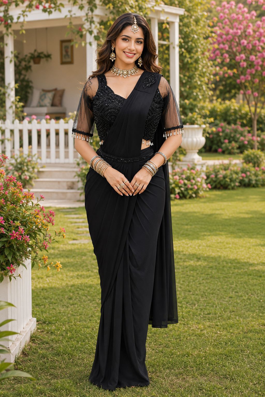 Black Bandhani Sequin Georgette Ready Saree