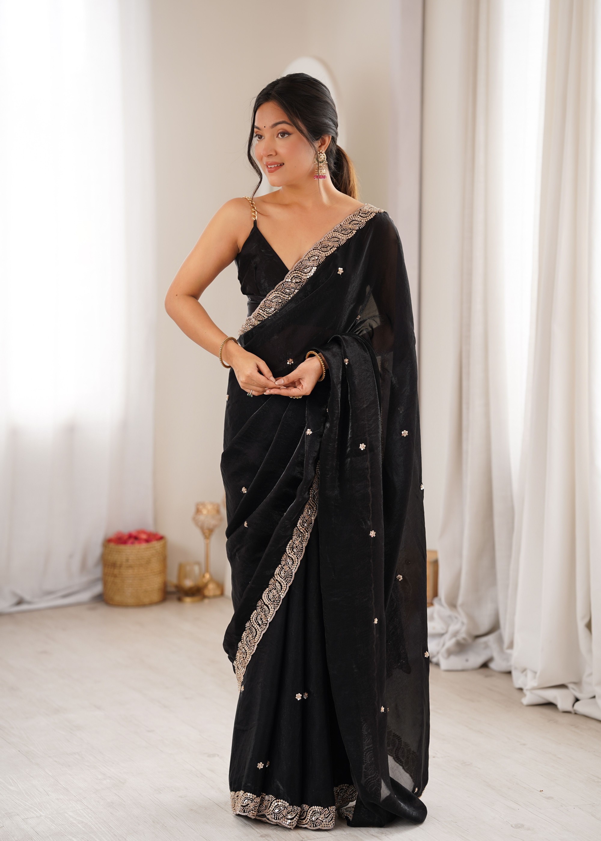 Black Beads Pearl Fendy Satin Saree