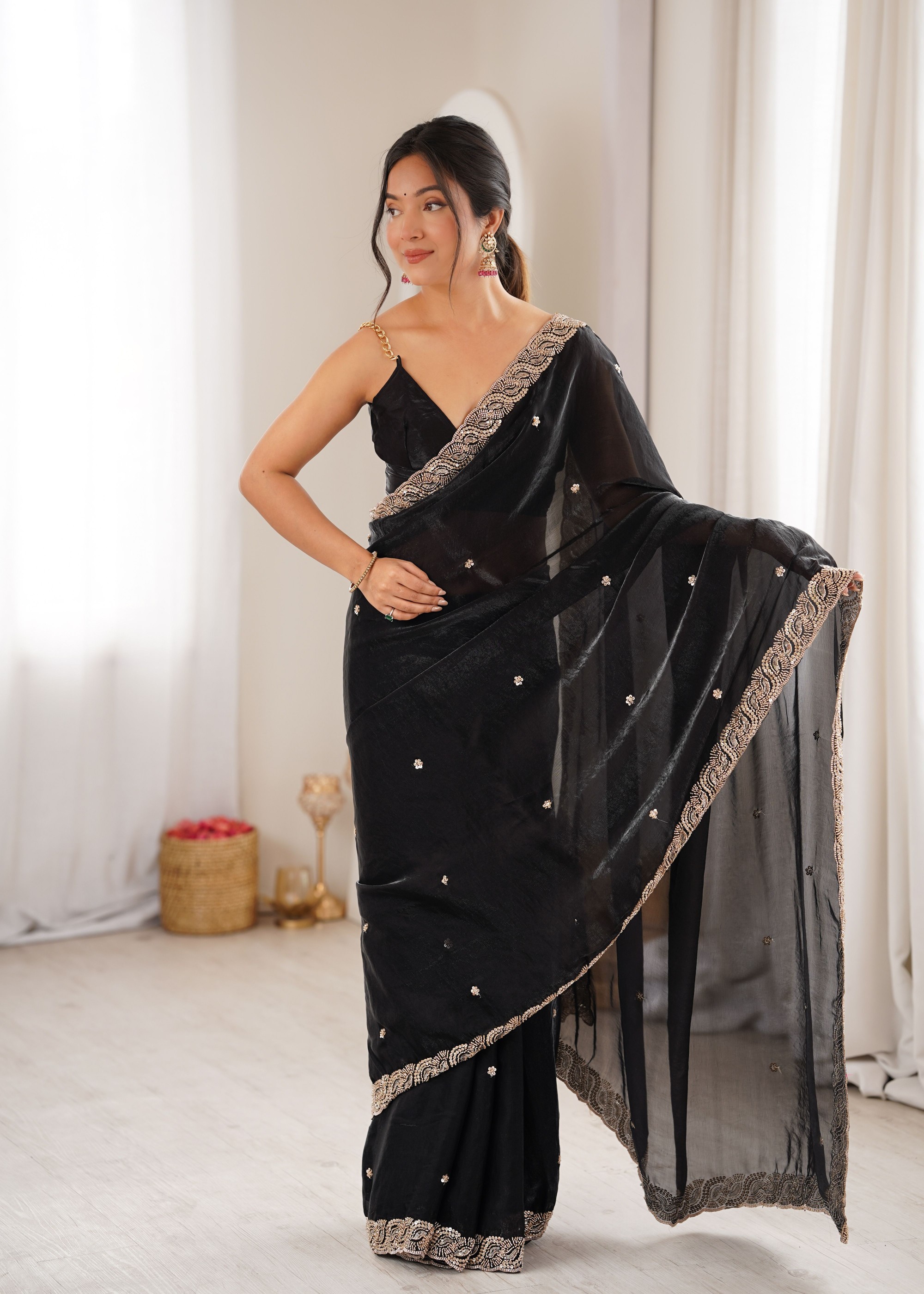 Black Beads Pearl Fendy Satin Saree — alternate view