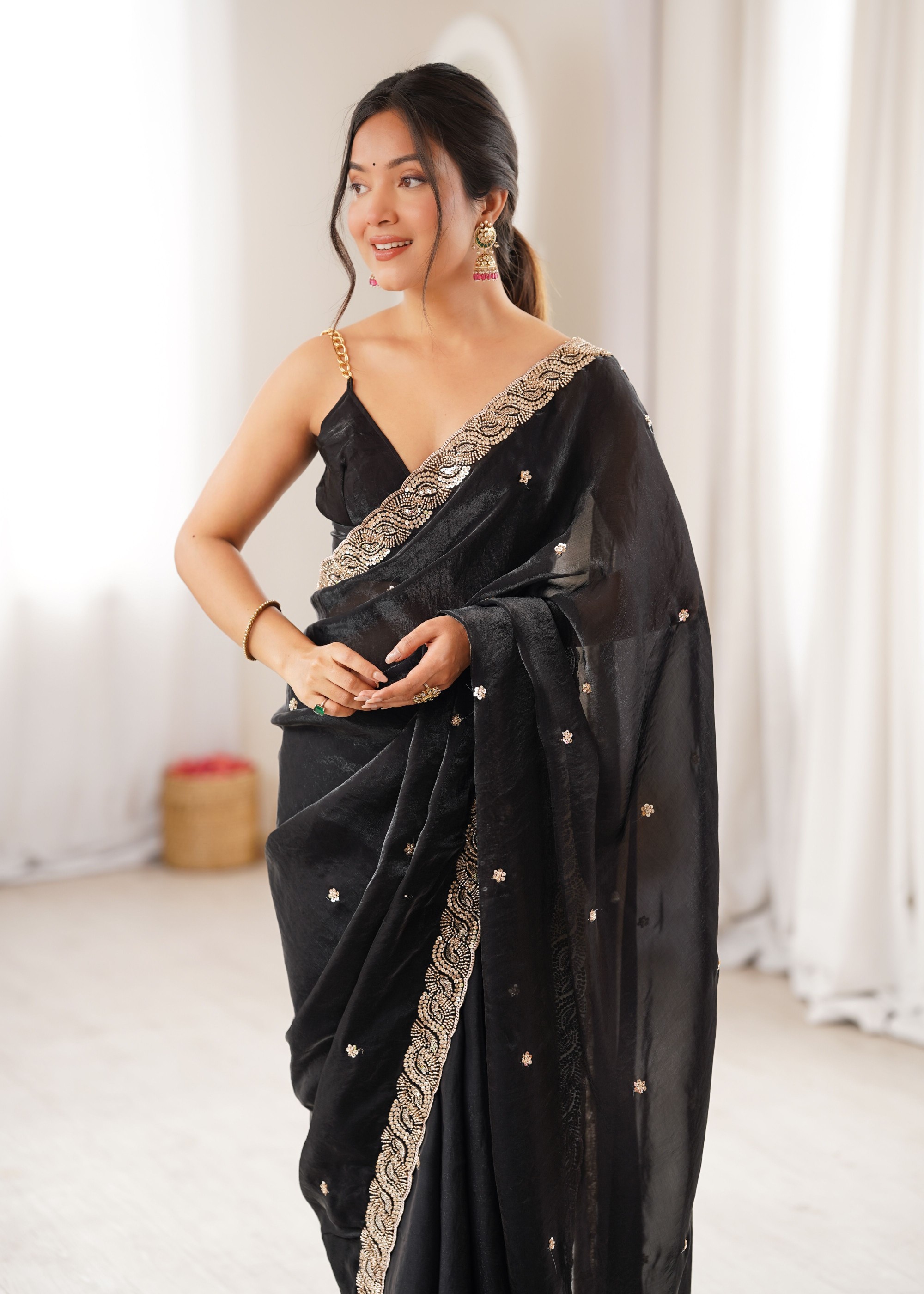 Black Beads Pearl Fendy Satin Saree